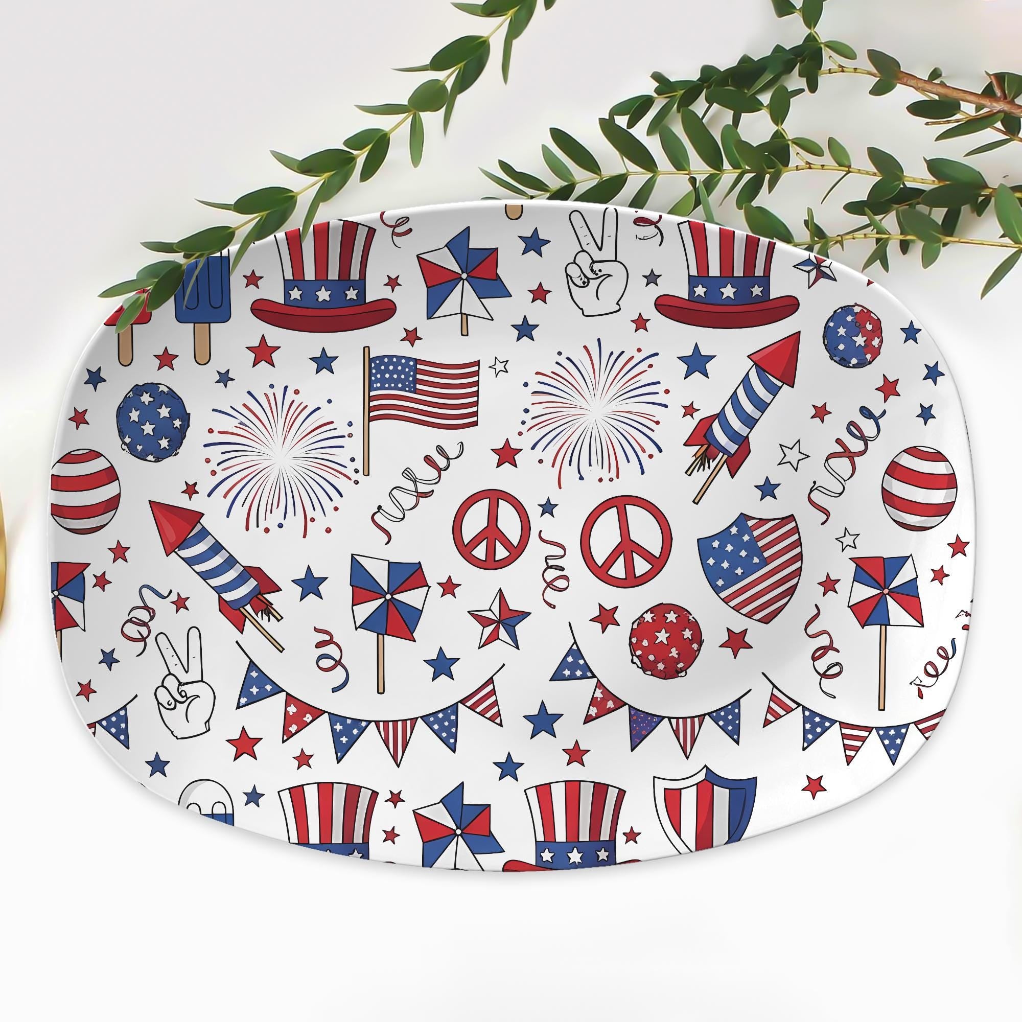 Patriotic 4th of July Platter – Red White Blue Melamine Tray with Fireworks, Flags & Stars – Summer BBQ Party Serving Dish