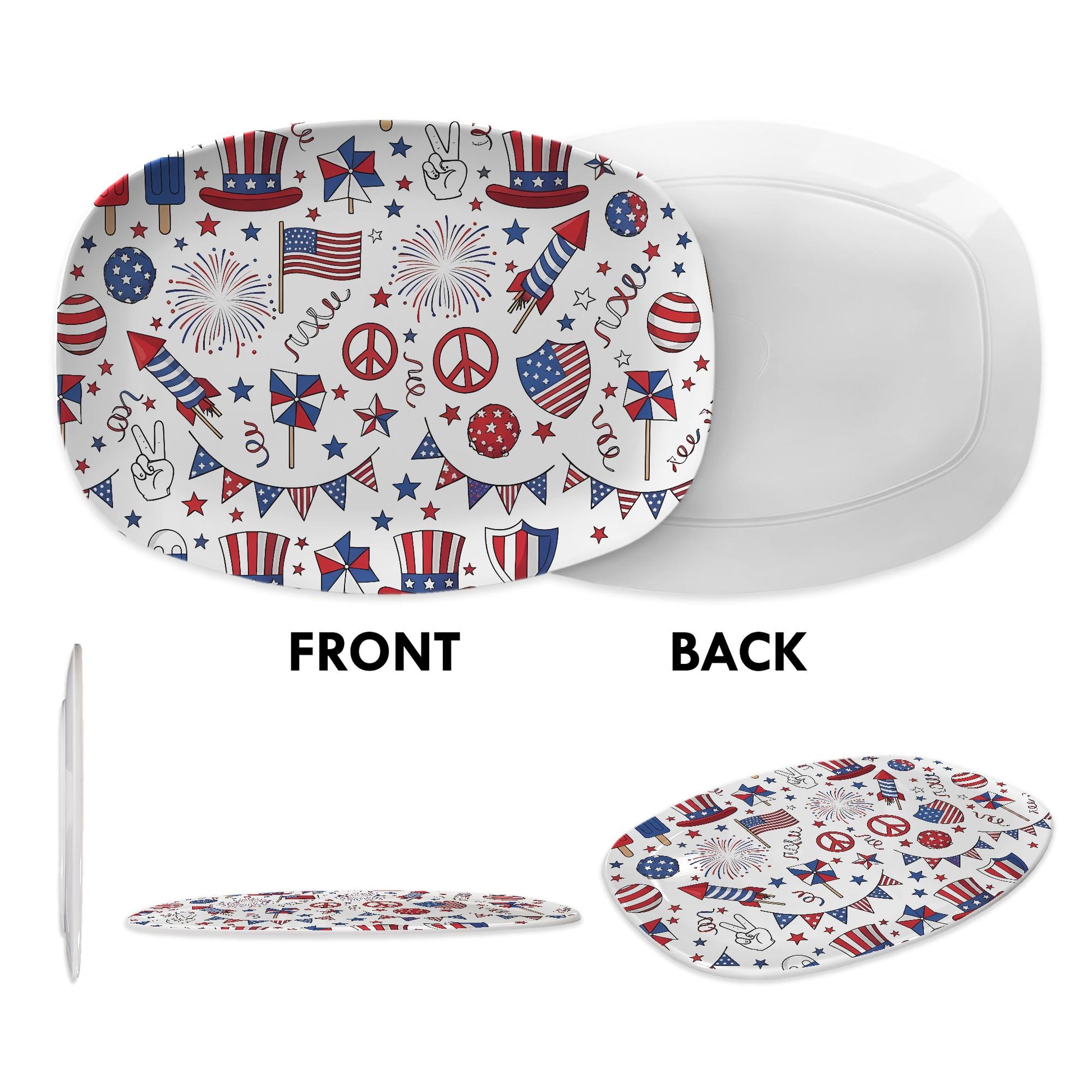 Patriotic 4th of July Platter – Red White Blue Melamine Tray with Fireworks, Flags & Stars – Summer BBQ Party Serving Dish