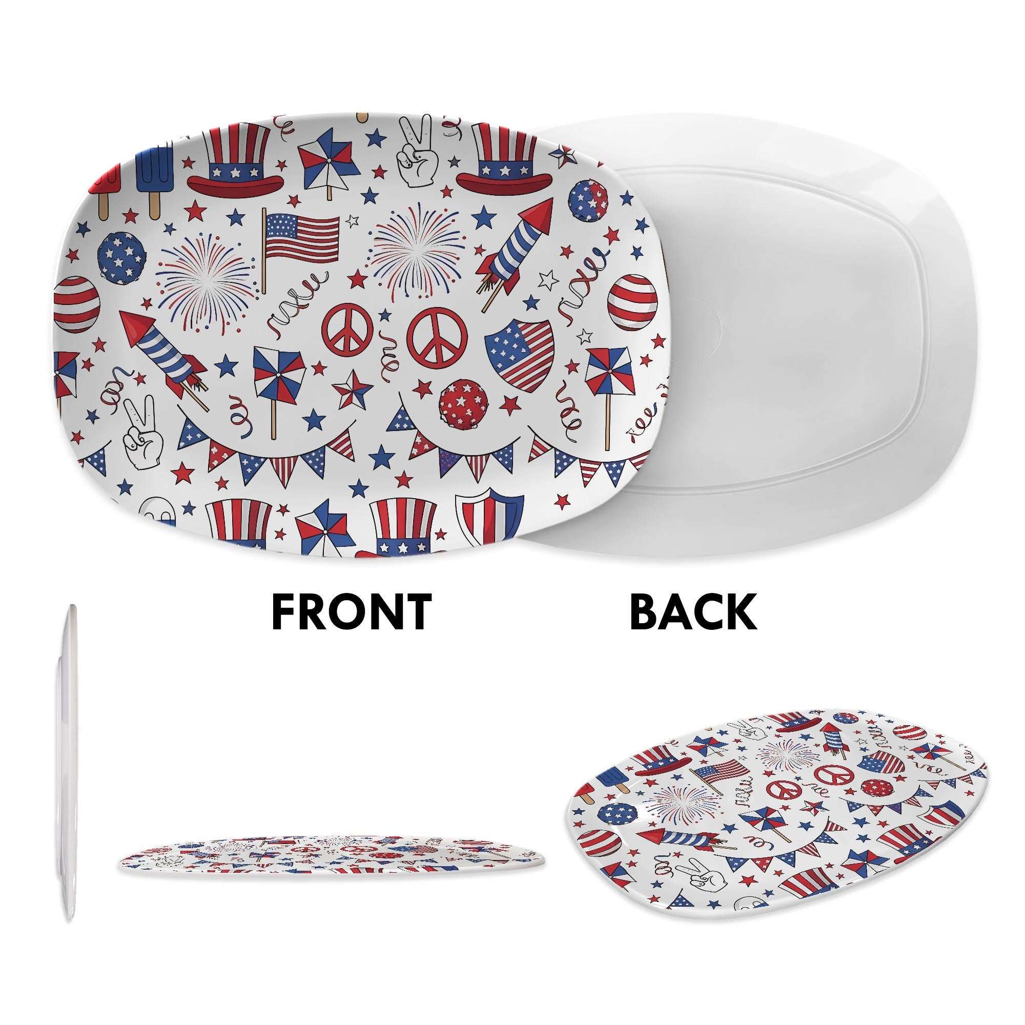 Patriotic 4th of July Platter – Red White Blue Melamine Tray with Fireworks, Flags & Stars – Summer BBQ Party Serving Dish
