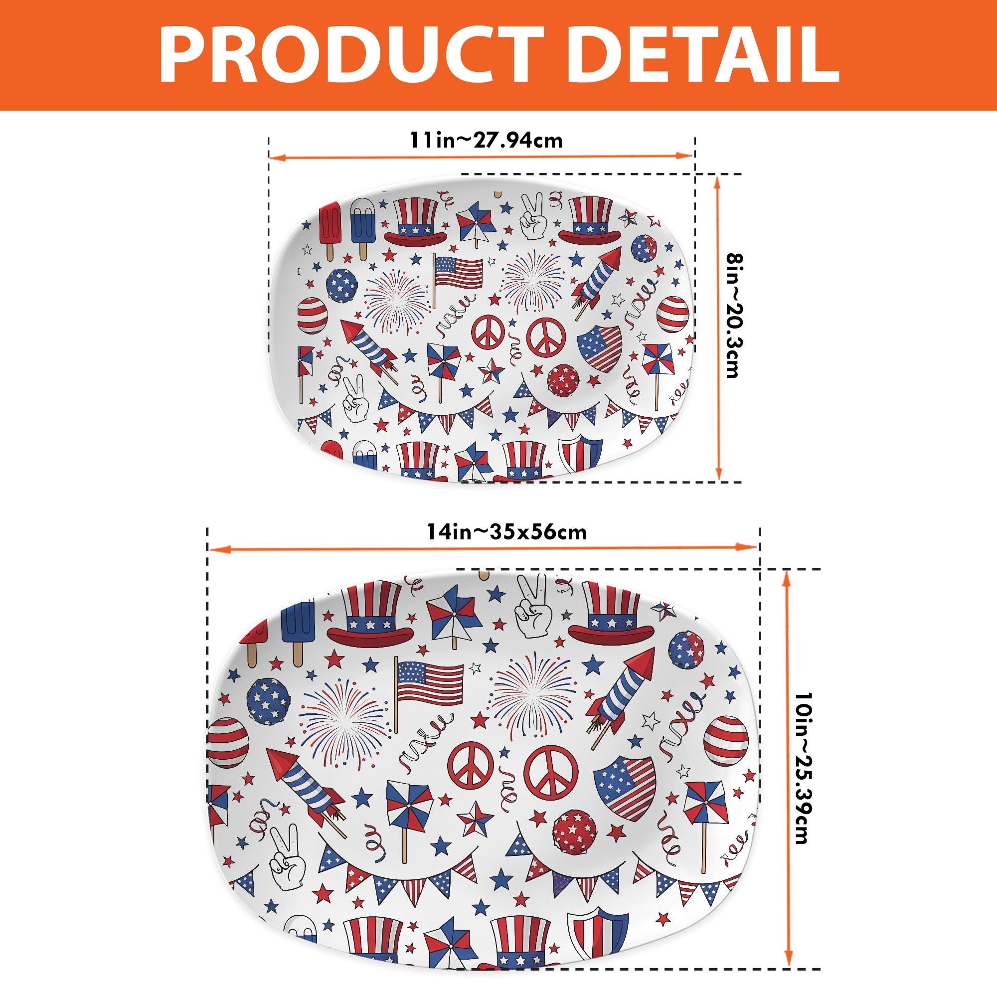 Patriotic 4th of July Platter – Red White Blue Melamine Tray with Fireworks, Flags & Stars – Summer BBQ Party Serving Dish