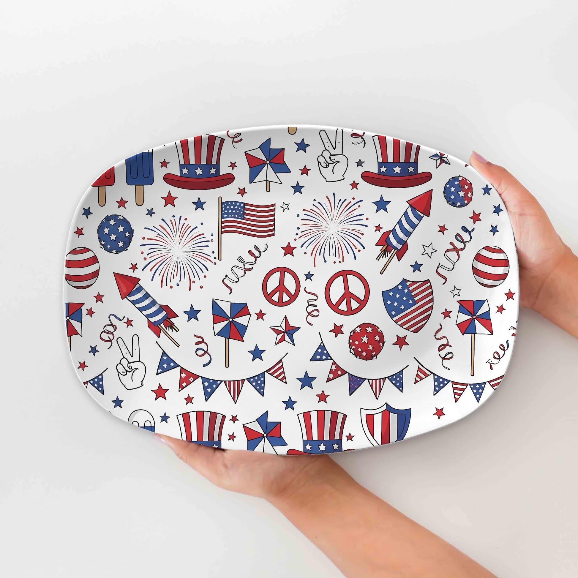 Patriotic 4th of July Platter – Red White Blue Melamine Tray with Fireworks, Flags & Stars – Summer BBQ Party Serving Dish