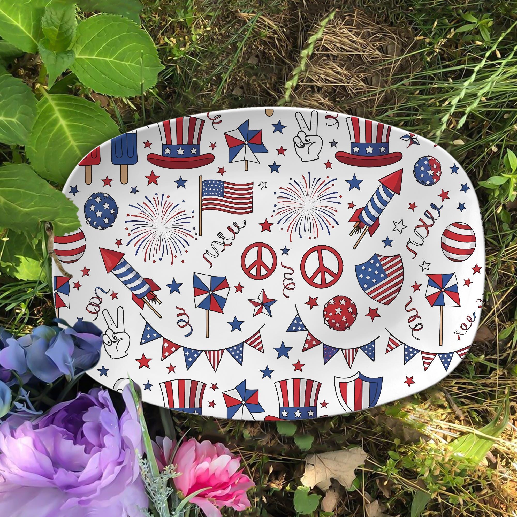 Patriotic 4th of July Platter – Red White Blue Melamine Tray with Fireworks, Flags & Stars – Summer BBQ Party Serving Dish