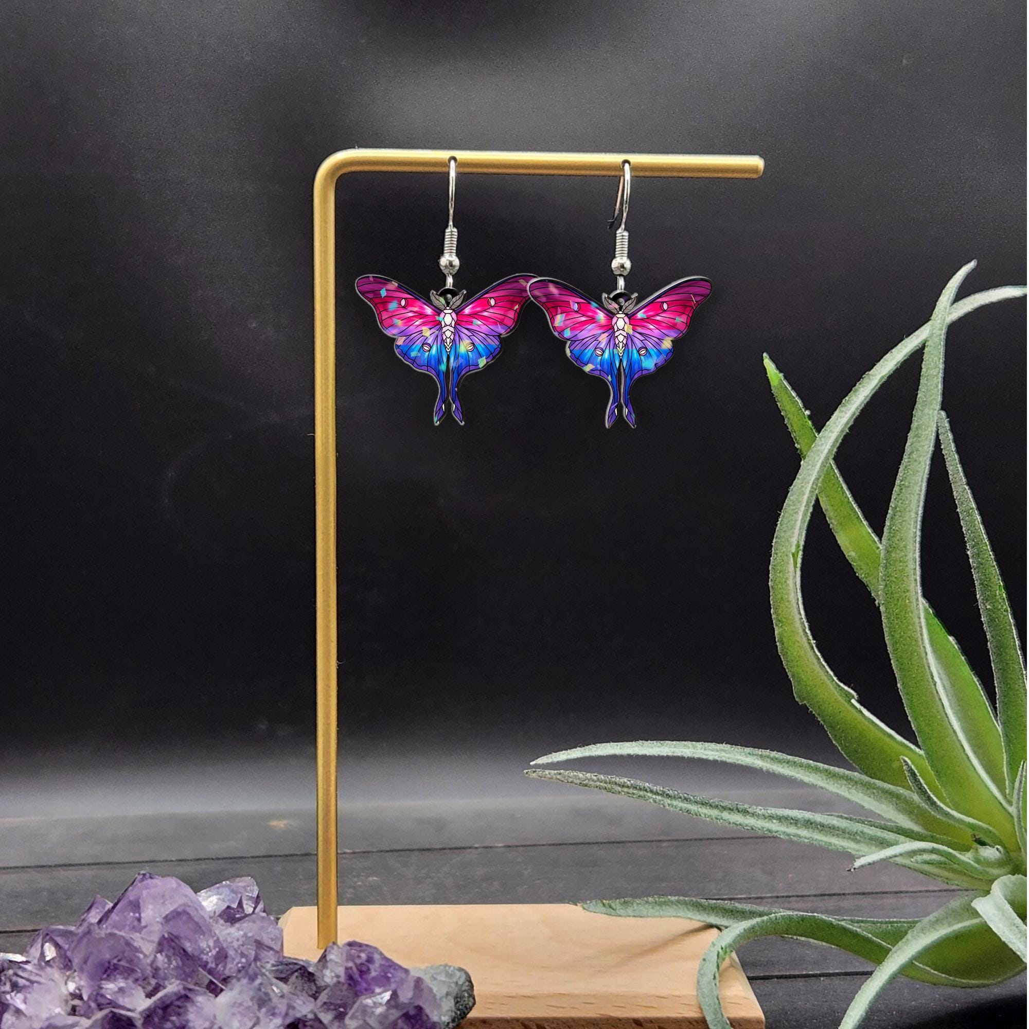 Bisexual Pride Moth Earrings – Holographic Pink Purple Blue Butterfly Jewelry – Cute LGBTQ+ Statement Gift