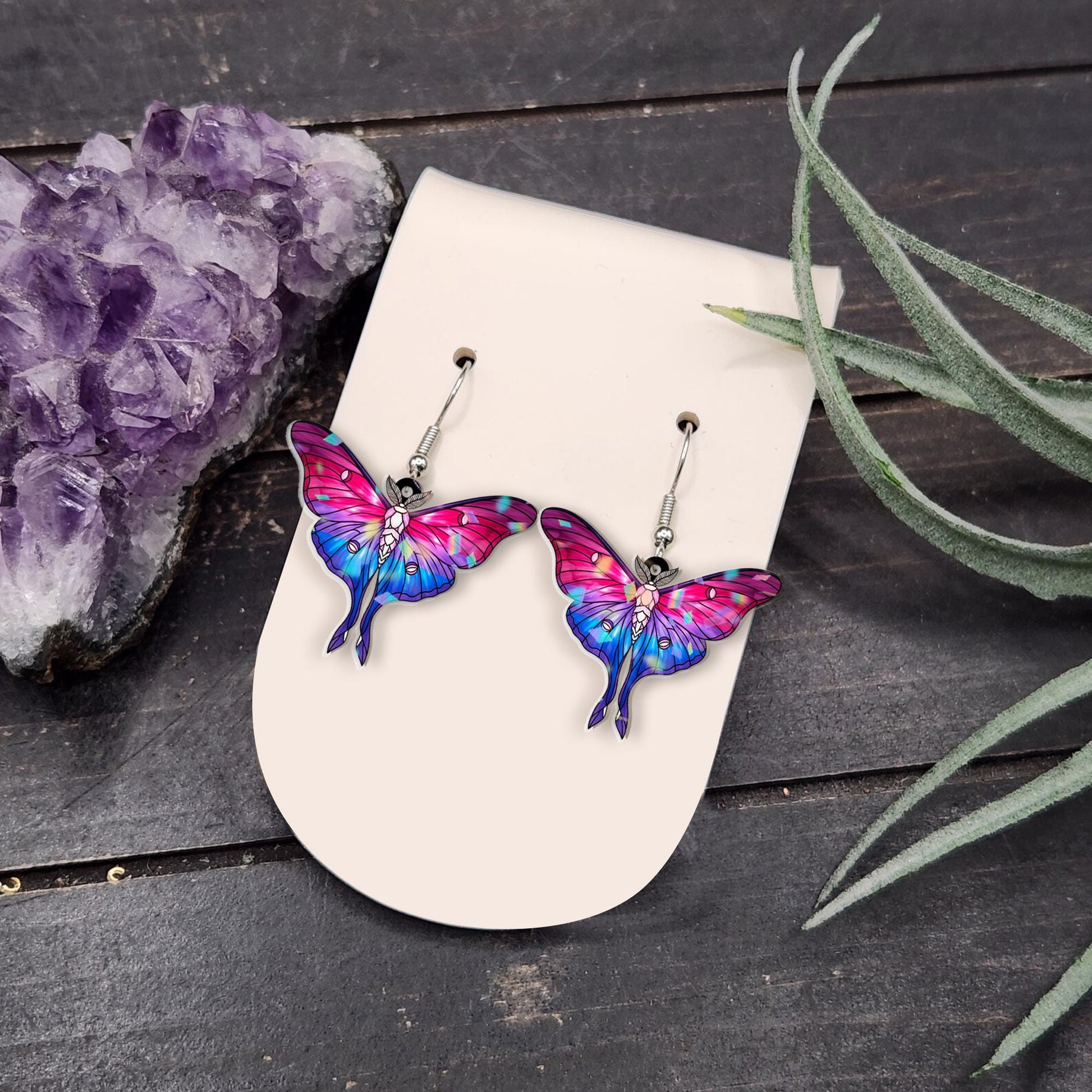 Bisexual Pride Moth Earrings – Holographic Pink Purple Blue Butterfly Jewelry – Cute LGBTQ+ Statement Gift