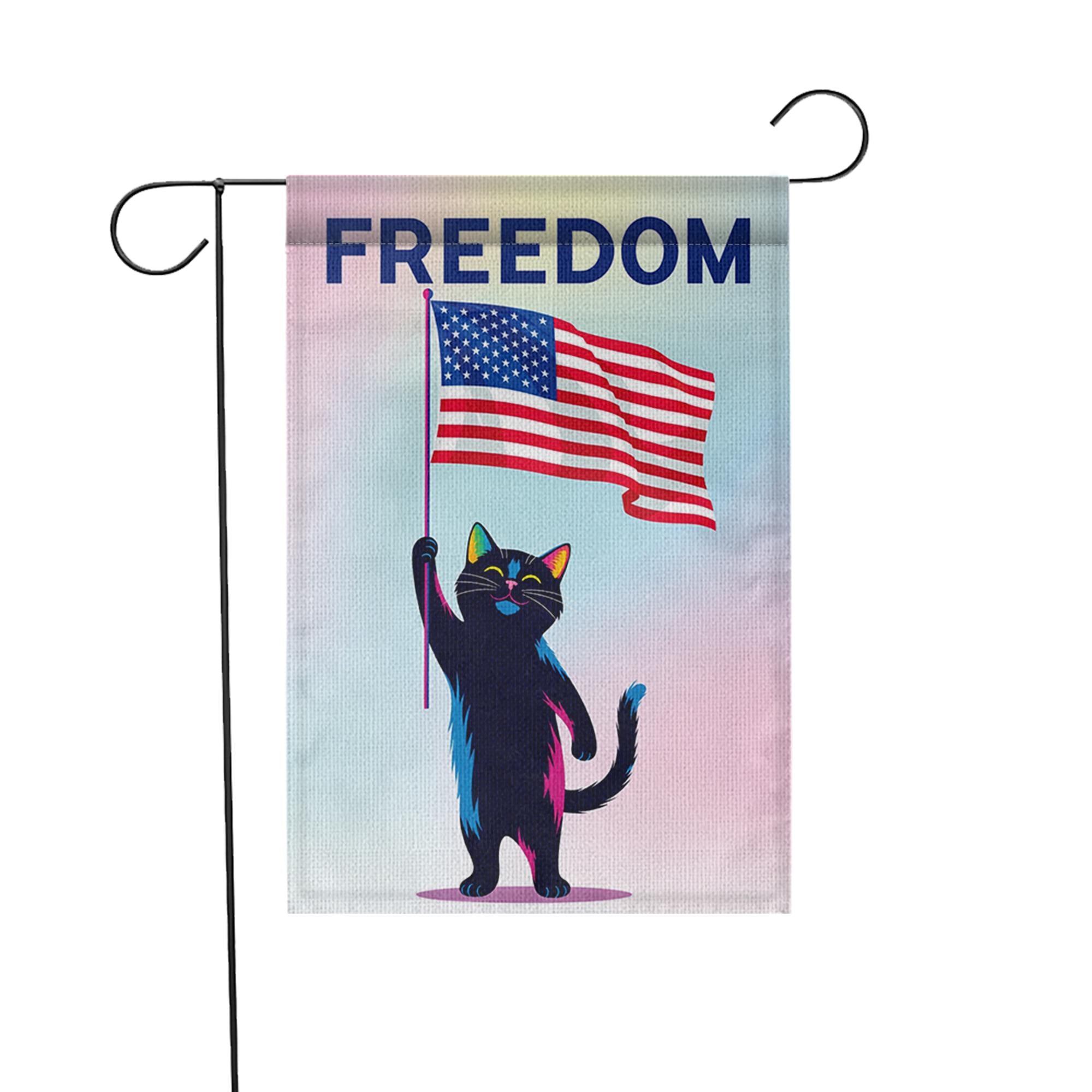 Patriotic Cat Garden Flag – Black Cat Holding USA Flag with “FREEDOM” Text – 4th of July Yard Decor – Funny Independence Day Gift, Cat Mom