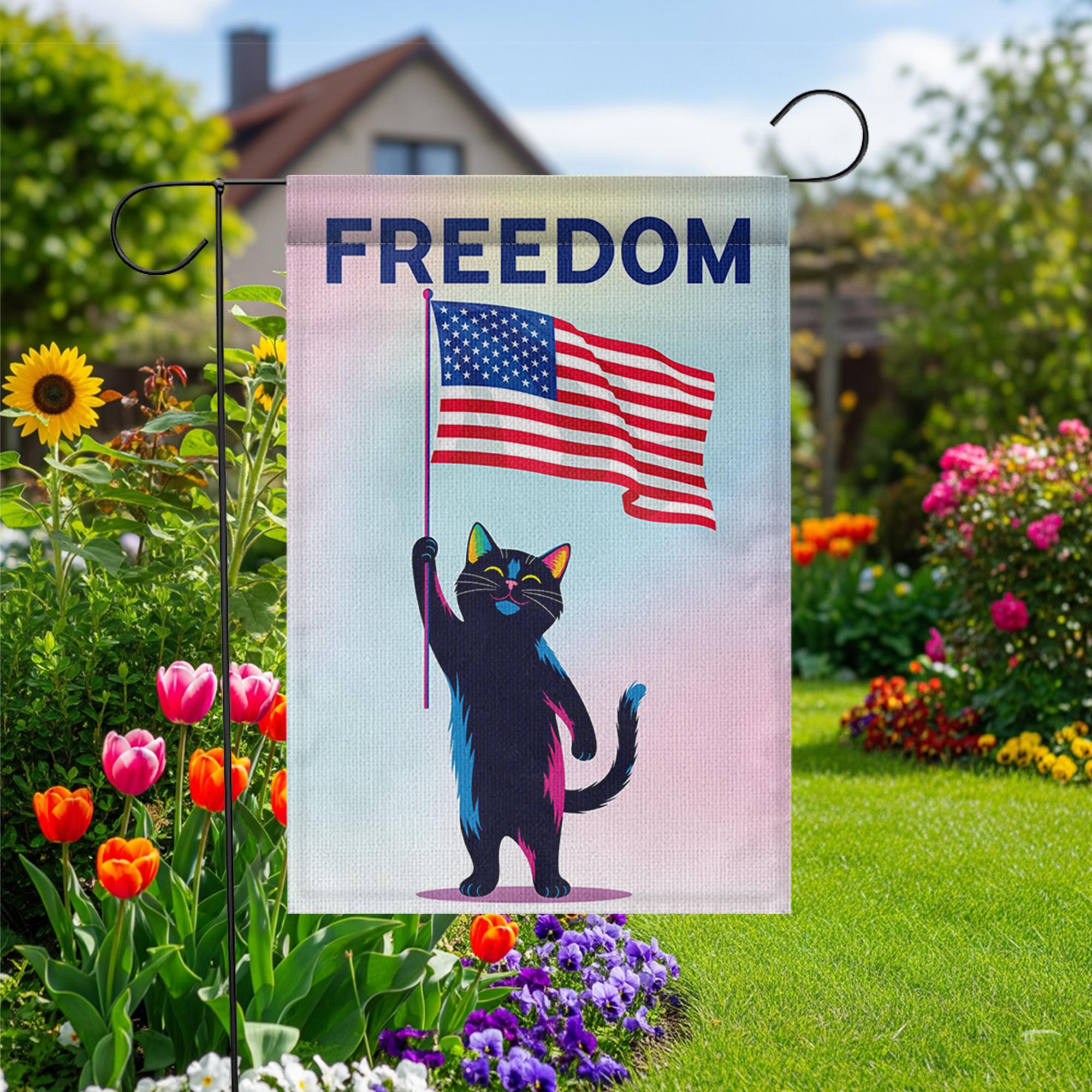 Patriotic Cat Garden Flag – Black Cat Holding USA Flag with “FREEDOM” Text – 4th of July Yard Decor – Funny Independence Day Gift, Cat Mom
