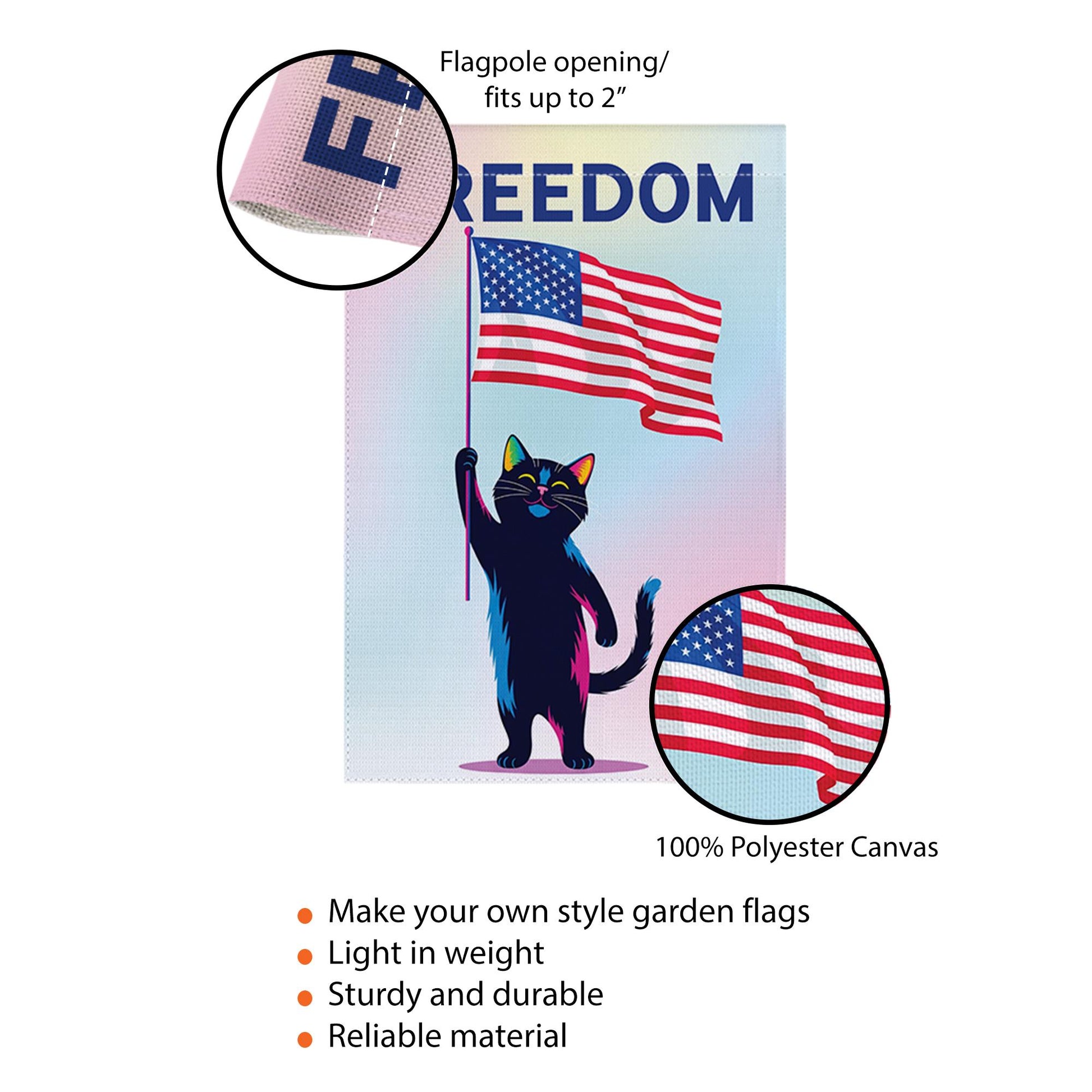 Patriotic Cat Garden Flag – Black Cat Holding USA Flag with “FREEDOM” Text – 4th of July Yard Decor – Funny Independence Day Gift, Cat Mom