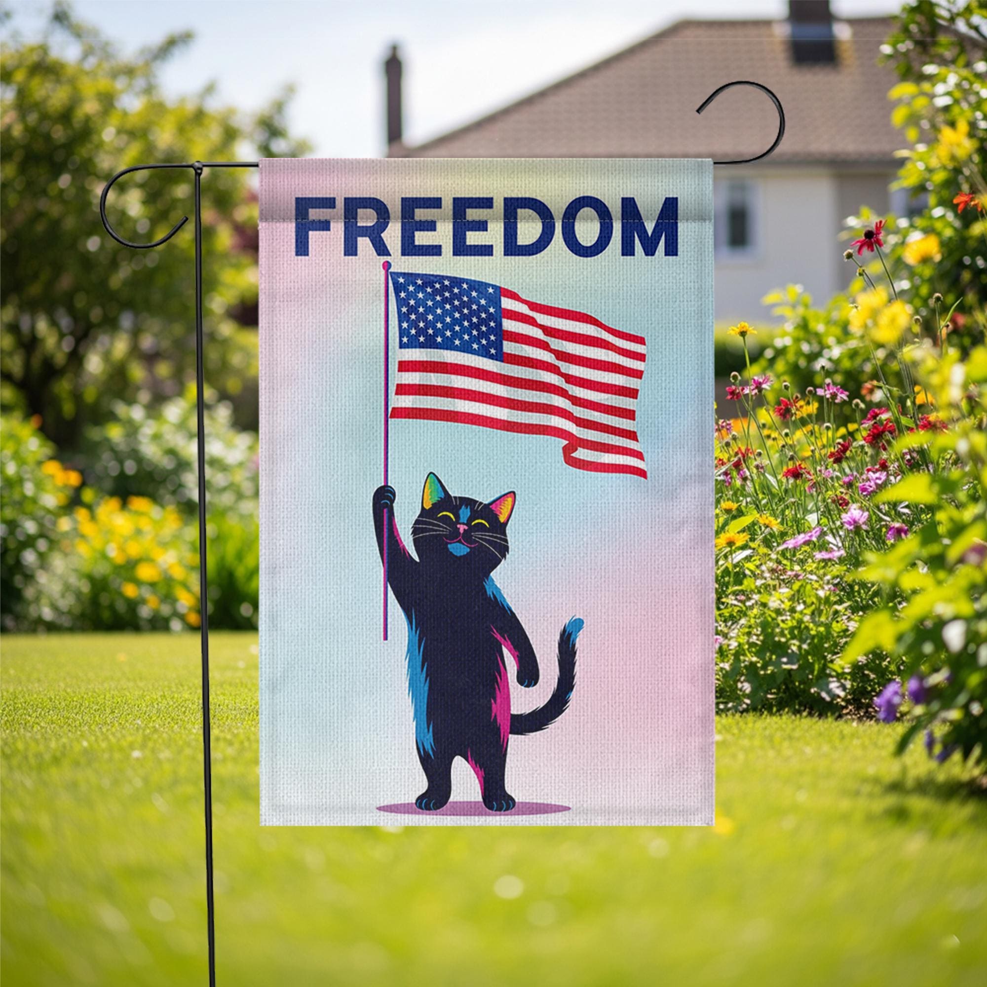 Patriotic Cat Garden Flag – Black Cat Holding USA Flag with “FREEDOM” Text – 4th of July Yard Decor – Funny Independence Day Gift, Cat Mom
