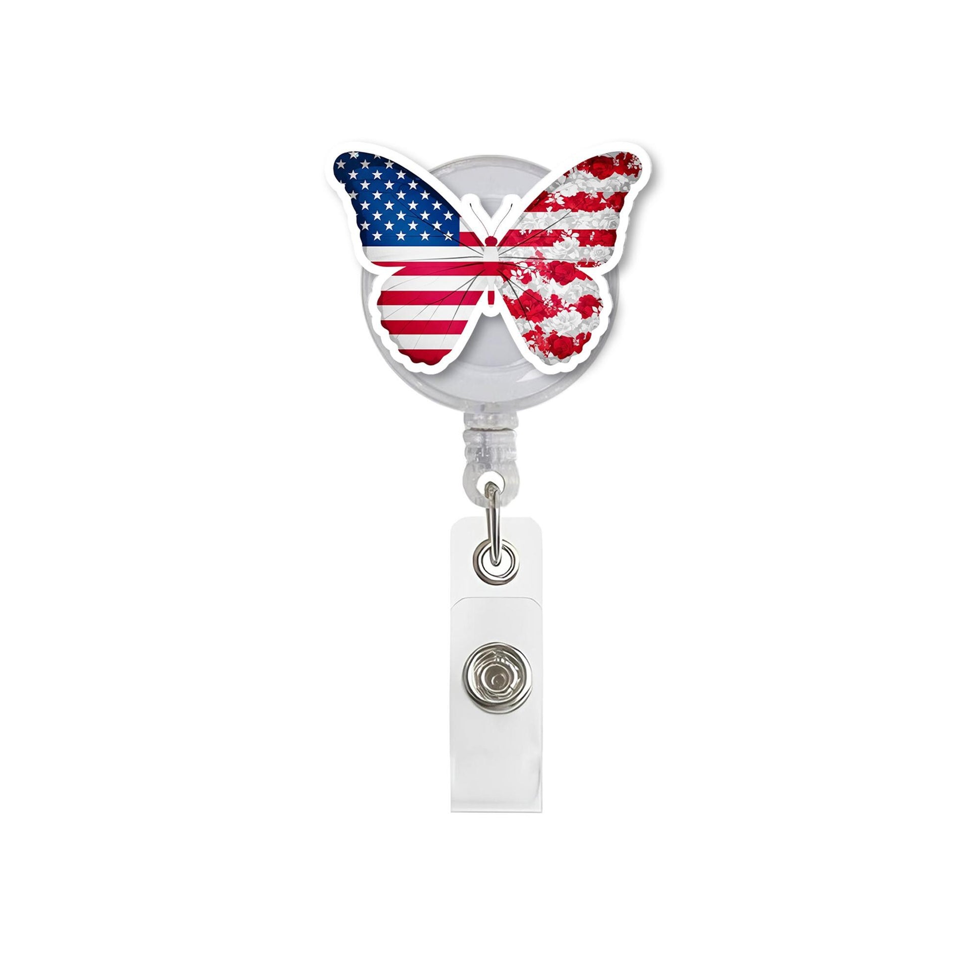 Patriotic Butterfly USA Flag Badge Reel, American 4th Of July ID Holder, Retractable Nurse Badge Clip, Teacher Lanyard Gift,Office Accessory