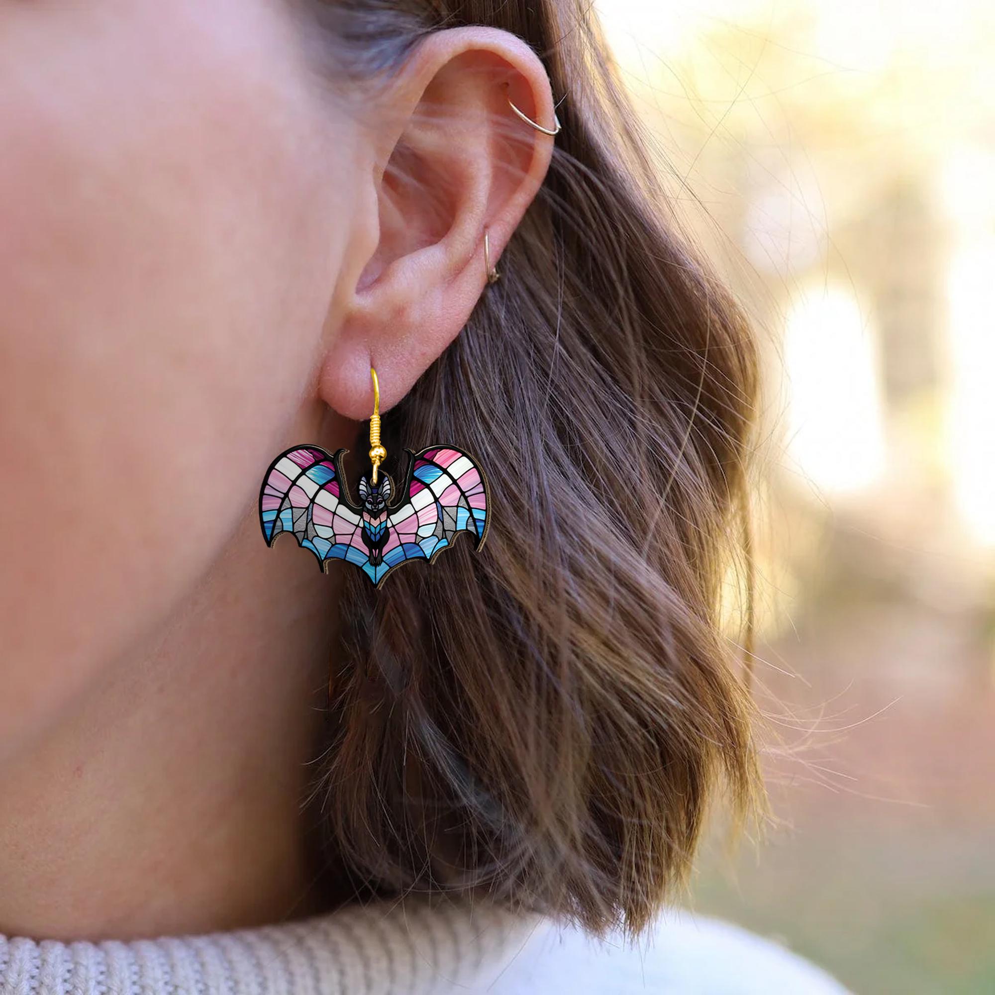 Transgender Pride Bat Earrings – Cute Blue Pink White LGBTQ+ Jewelry – Spooky Cute Gift for Trans Folks & Allies