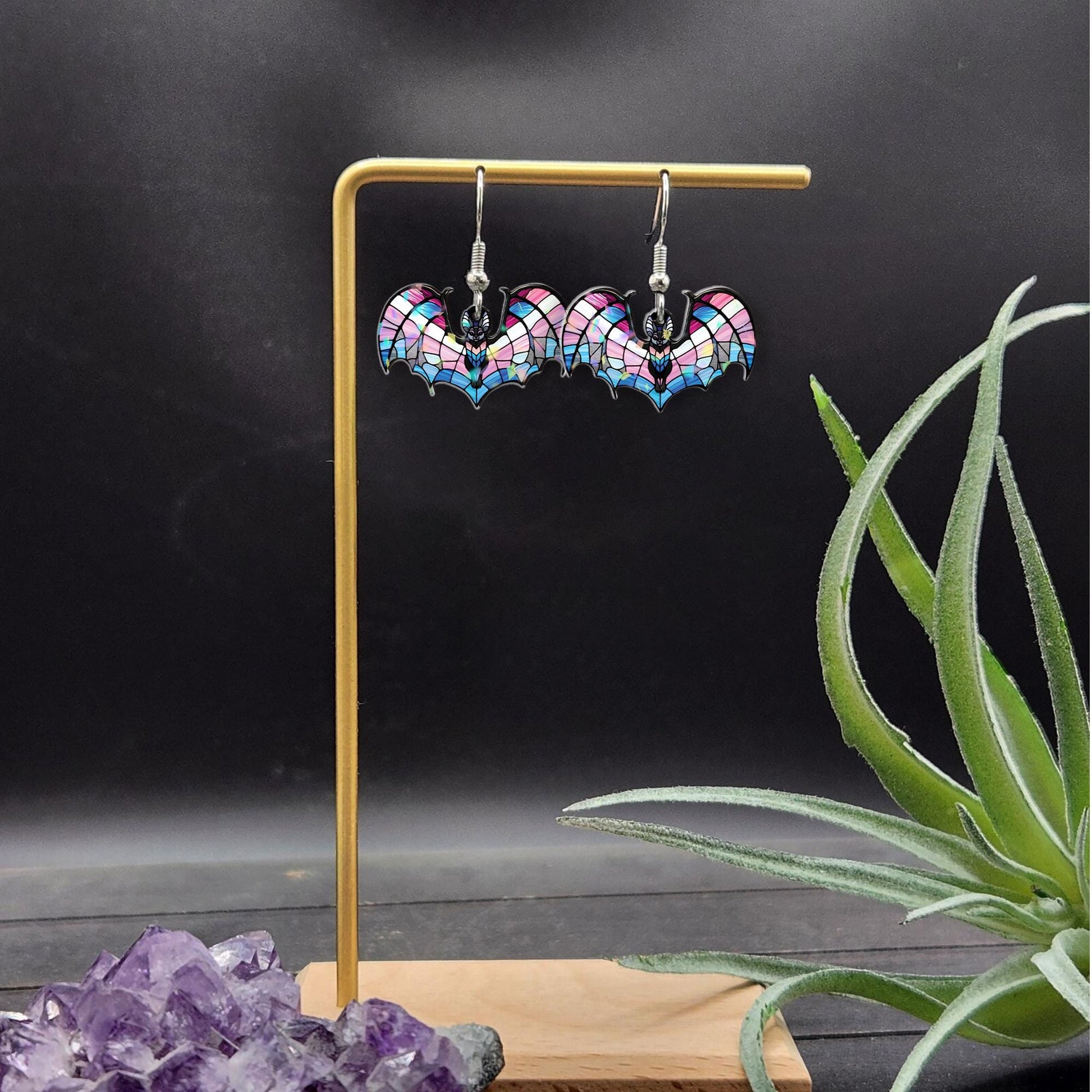 Transgender Pride Bat Earrings – Cute Blue Pink White LGBTQ+ Jewelry – Spooky Cute Gift for Trans Folks & Allies