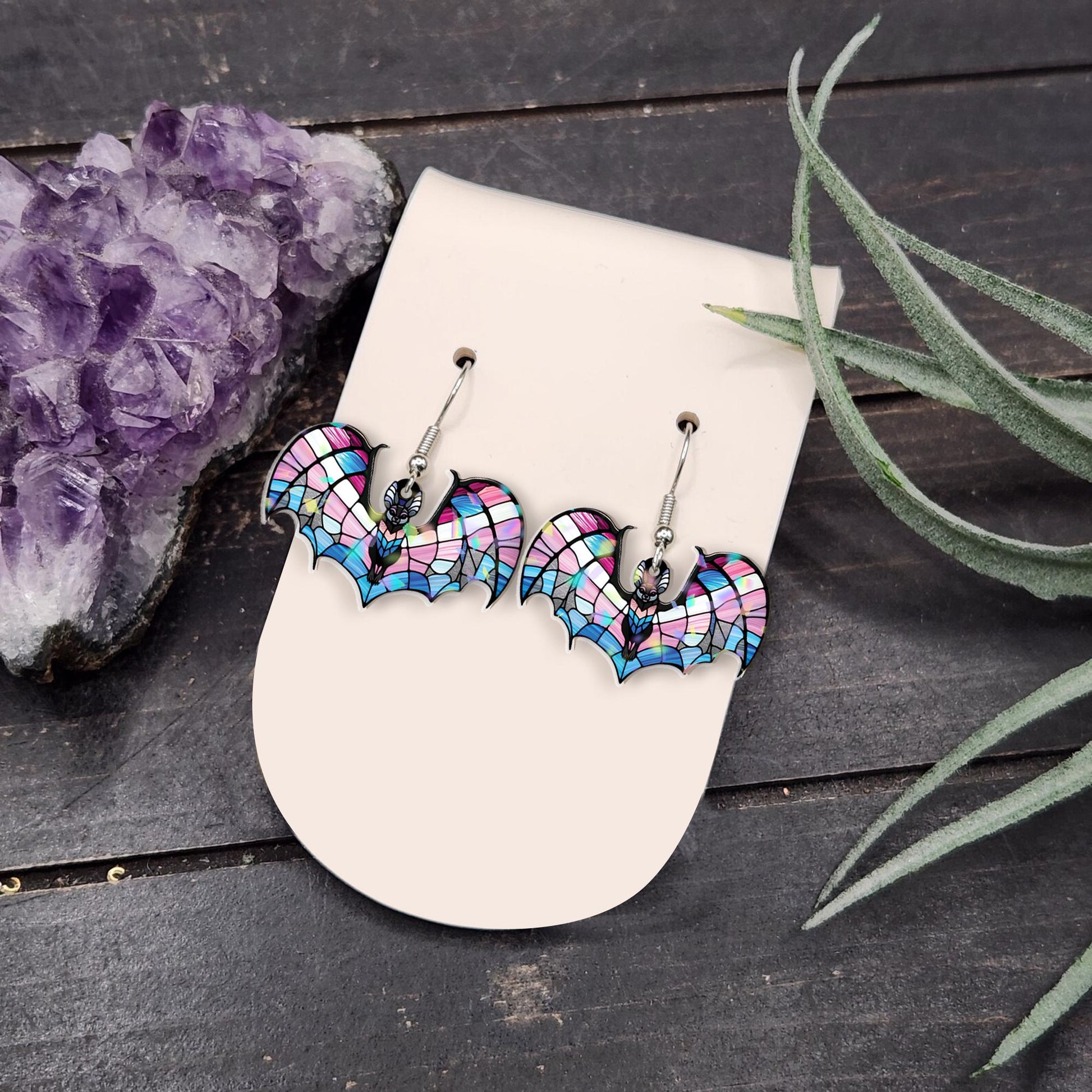 Transgender Pride Bat Earrings – Cute Blue Pink White LGBTQ+ Jewelry – Spooky Cute Gift for Trans Folks & Allies