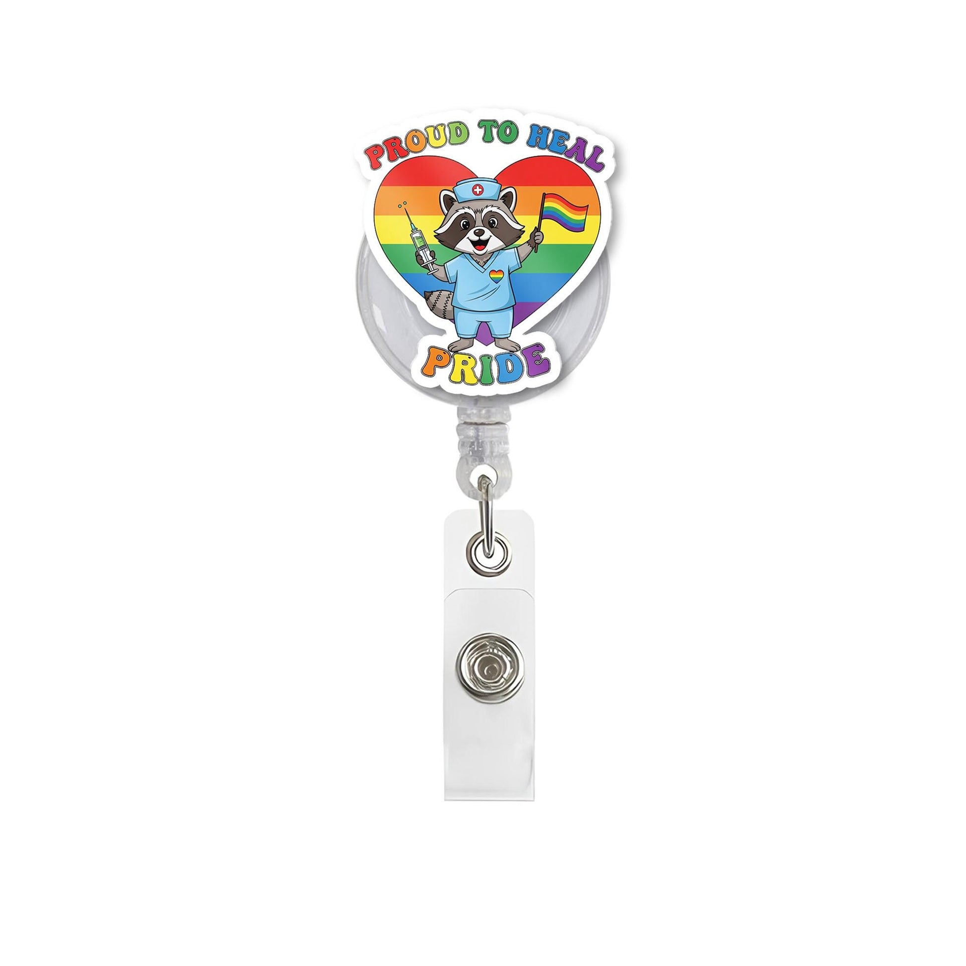 Proud To Heal Raccoon Nurse LGBTQ Pride Badge Reel, Cute Retractable ID Holder, Rainbow Medical Gift, Healthcare Worker Ally Accessory