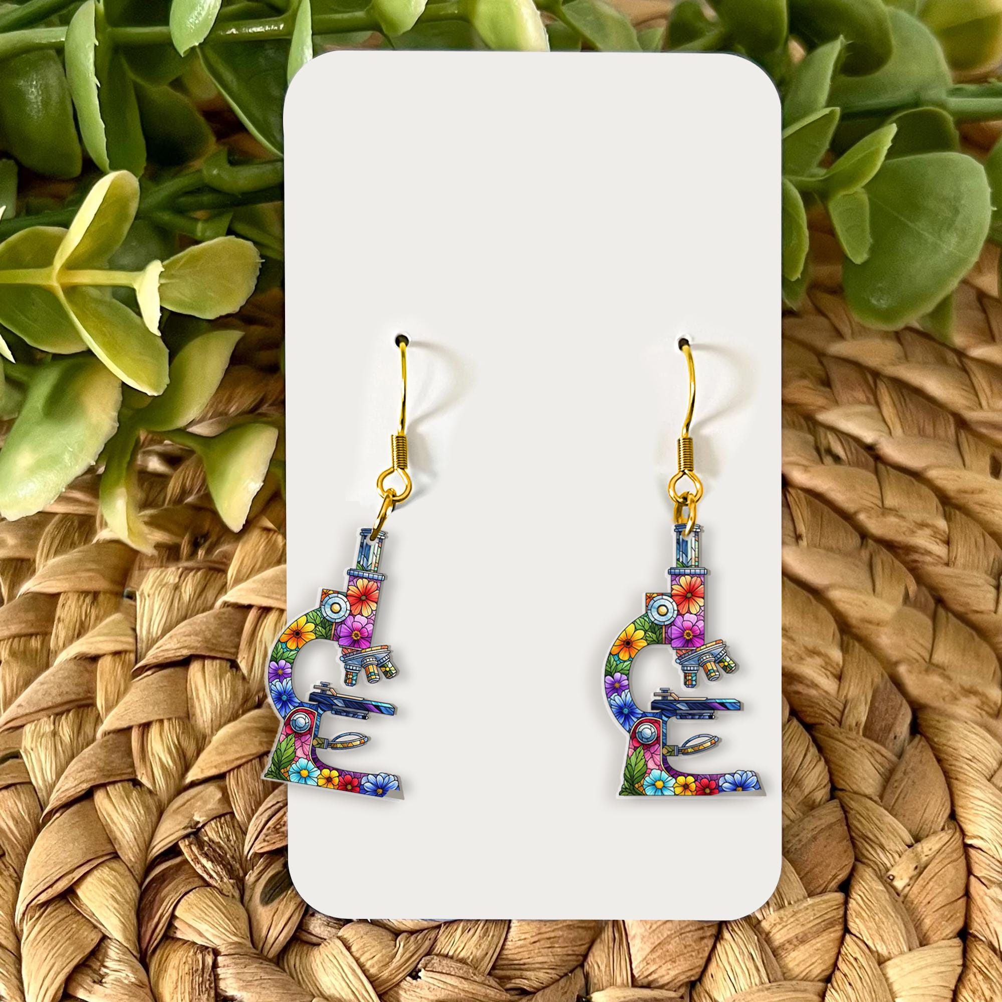 Floral Microscope Earrings – Science Teacher Gift – Colorful Lab Jewelry for Women – Nerd Geek Chic Accessory for Scientists