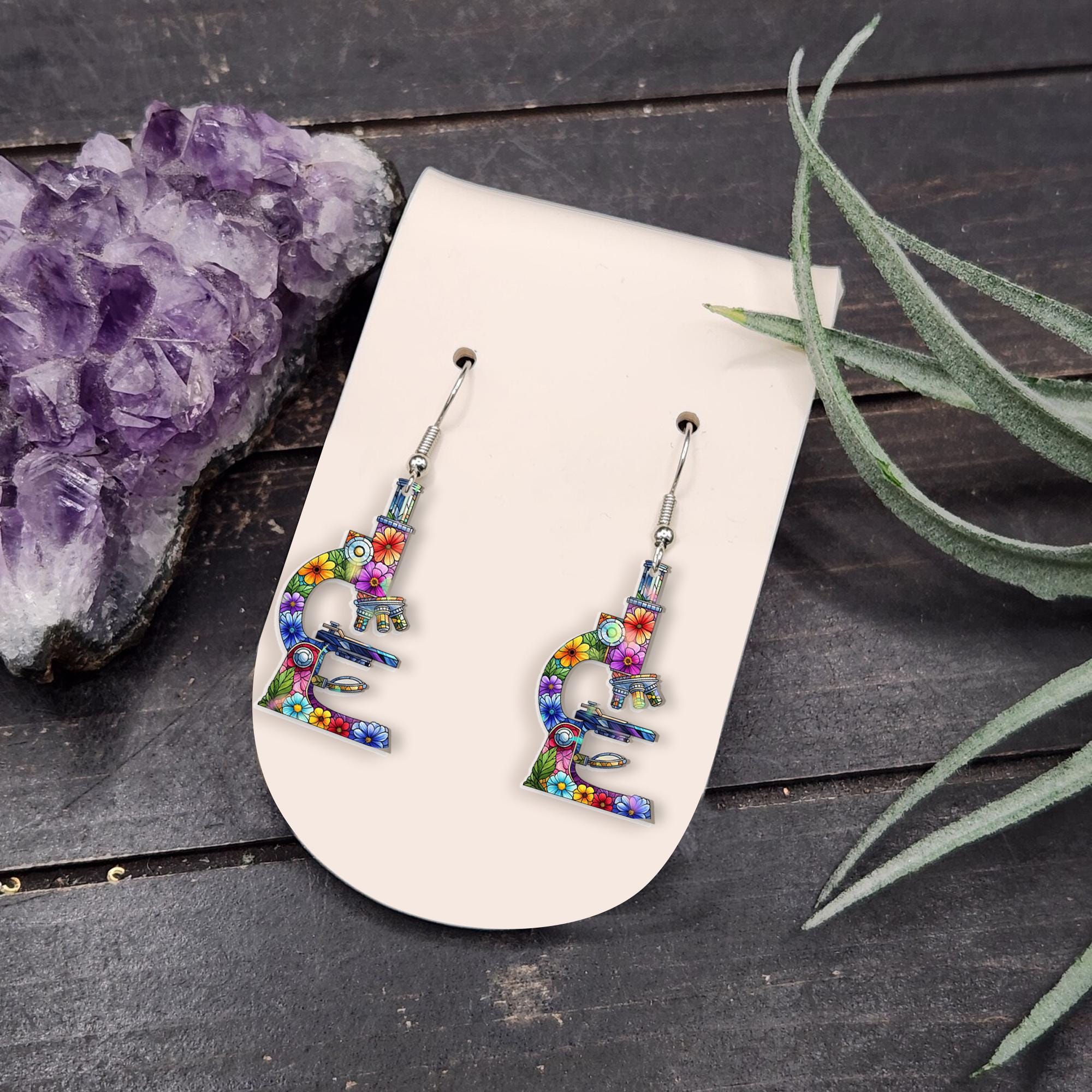 Floral Microscope Earrings – Science Teacher Gift – Colorful Lab Jewelry for Women – Nerd Geek Chic Accessory for Scientists