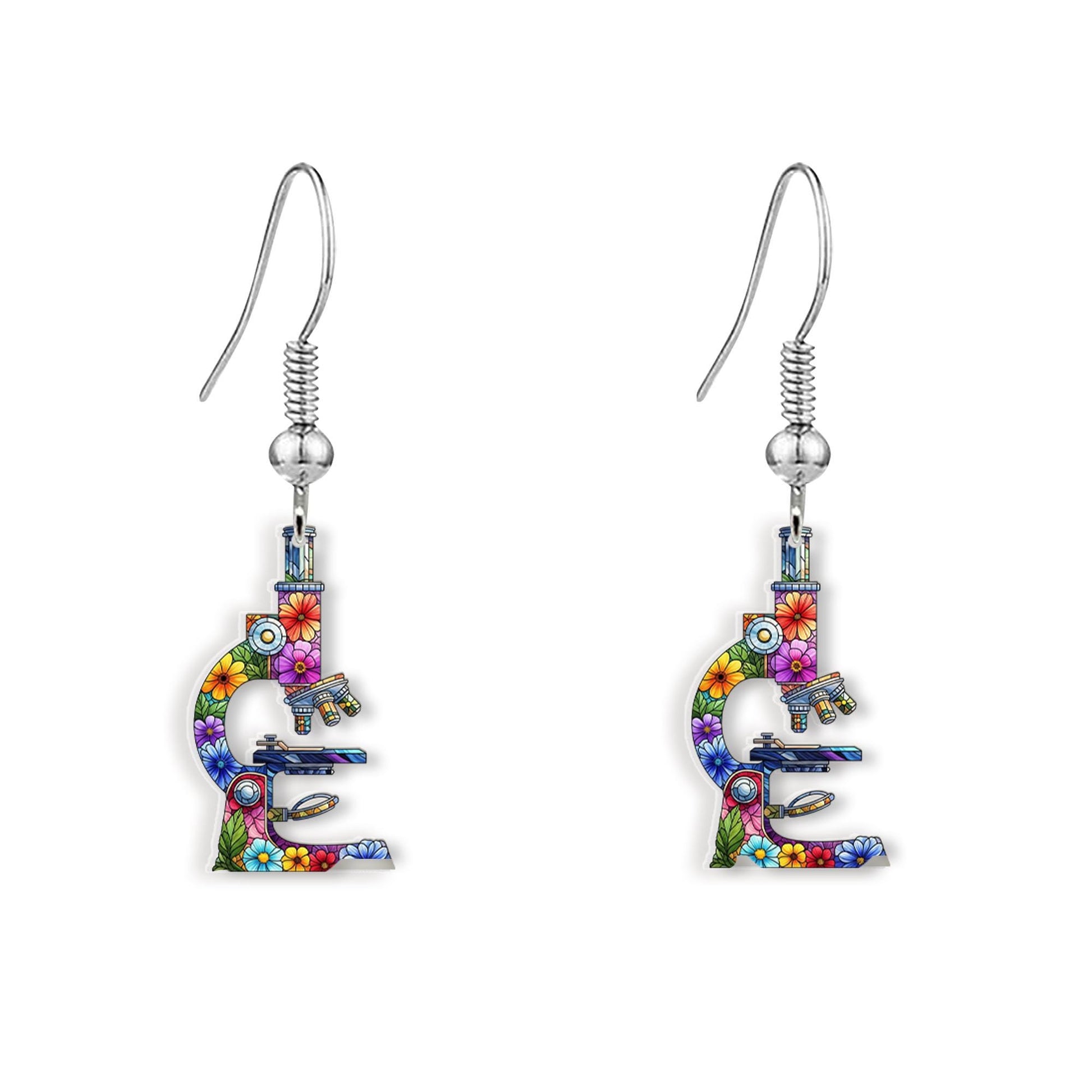Floral Microscope Earrings – Science Teacher Gift – Colorful Lab Jewelry for Women – Nerd Geek Chic Accessory for Scientists