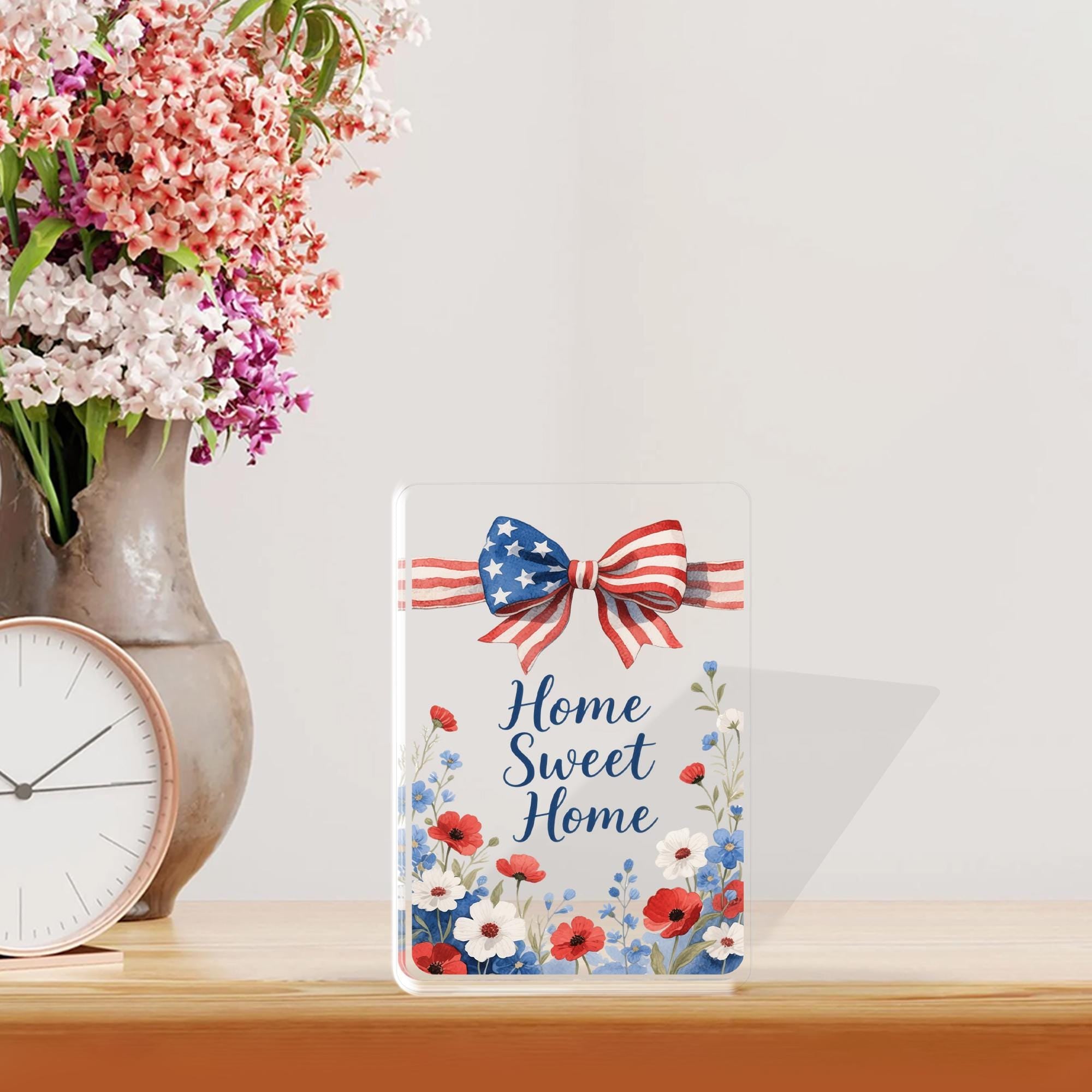 Home Sweet Home Acrylic Block, Patriotic USA Flag Bow, Red White Blue Floral Poppies, 4th Of July Gift, Housewarming Gift, American Pride