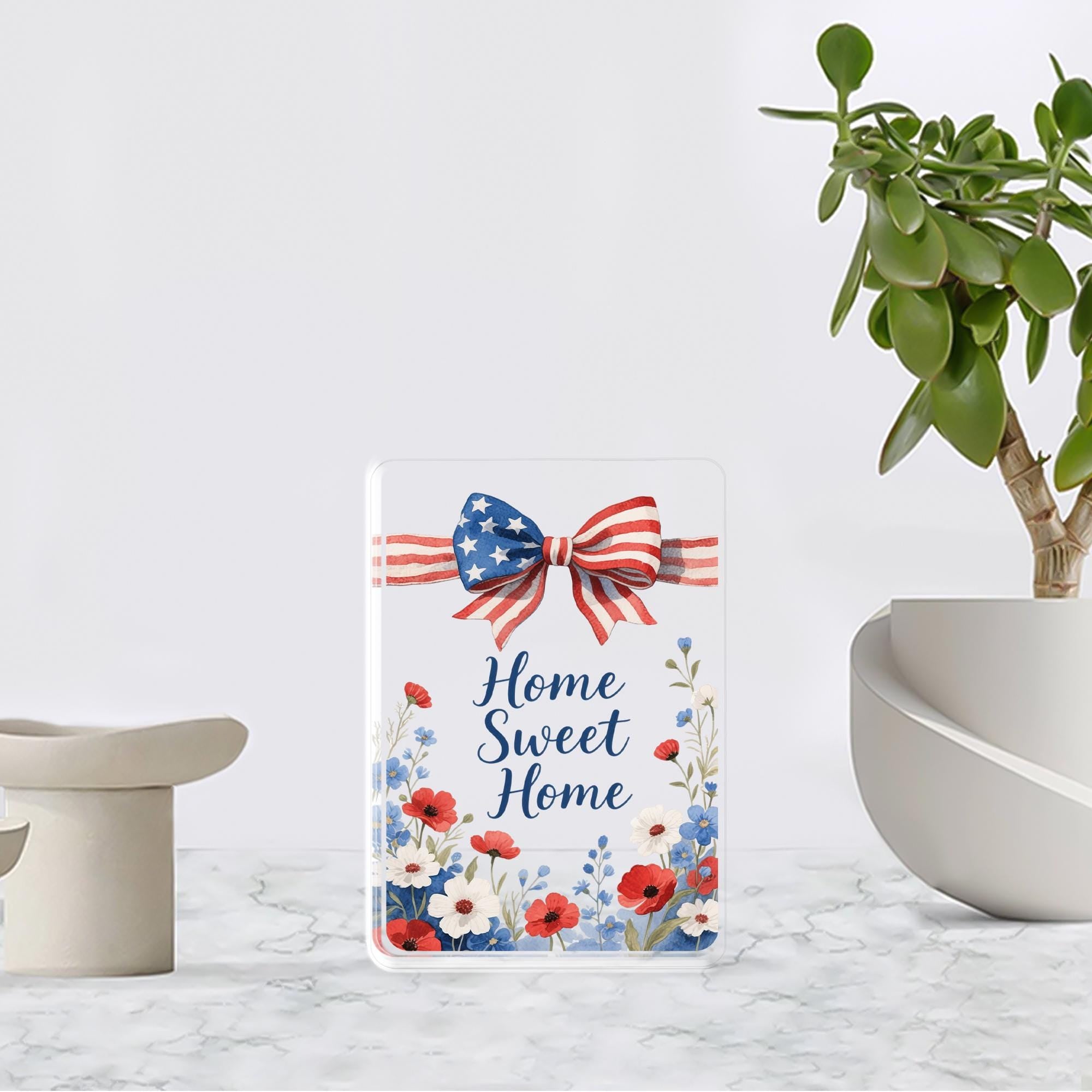 Home Sweet Home Acrylic Block, Patriotic USA Flag Bow, Red White Blue Floral Poppies, 4th Of July Gift, Housewarming Gift, American Pride