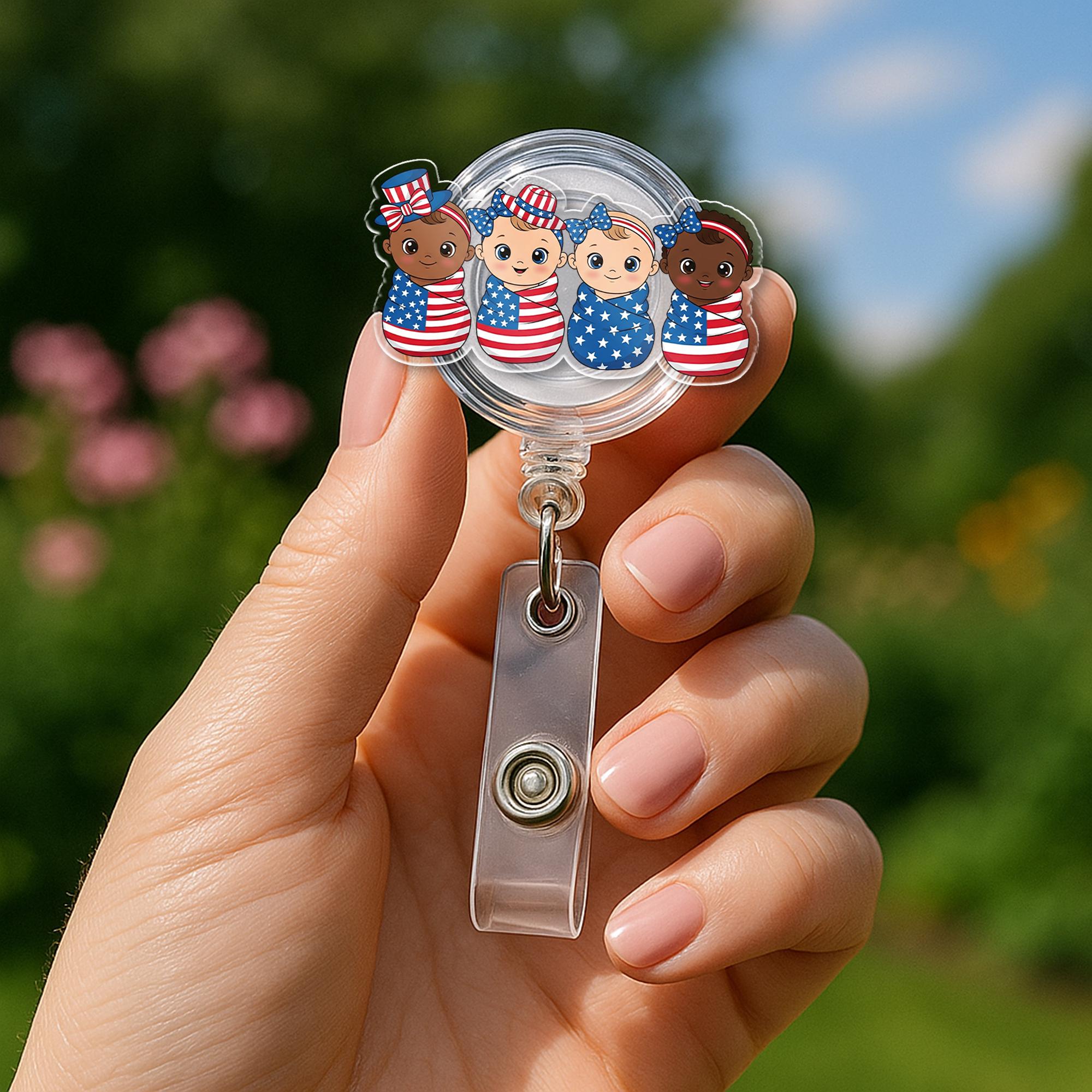 Patriotic Baby Badge Reel – Cute 4th of July ID Holder with Swaddled USA Babies – Nurse Pediatric NICU Gift – Red White Blue Clip