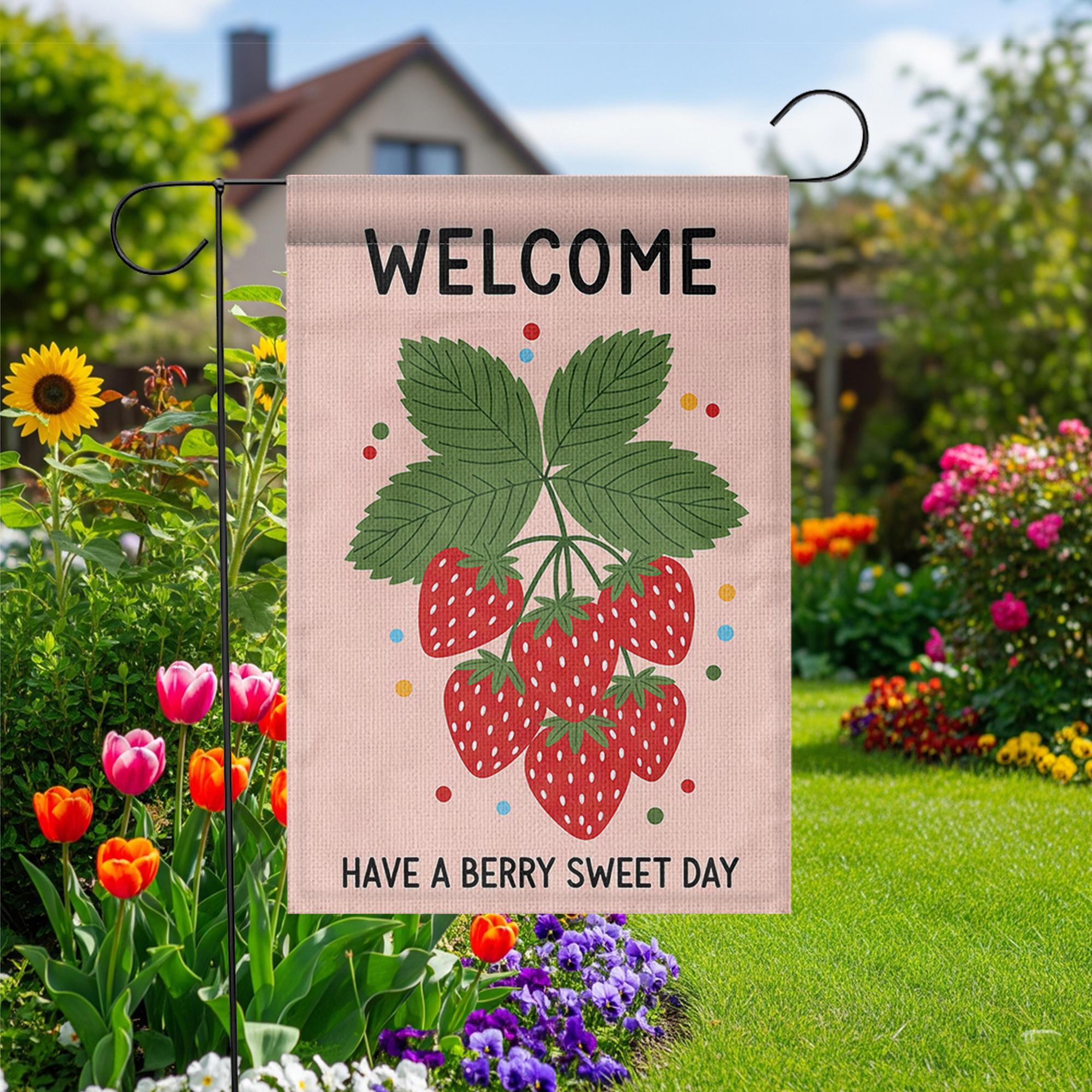 Welcome Strawberry Garden Flag, Summer Outdoor Decor, Cute Yard Banner, Berry Sweet Sign, Seasonal Garden Decoration