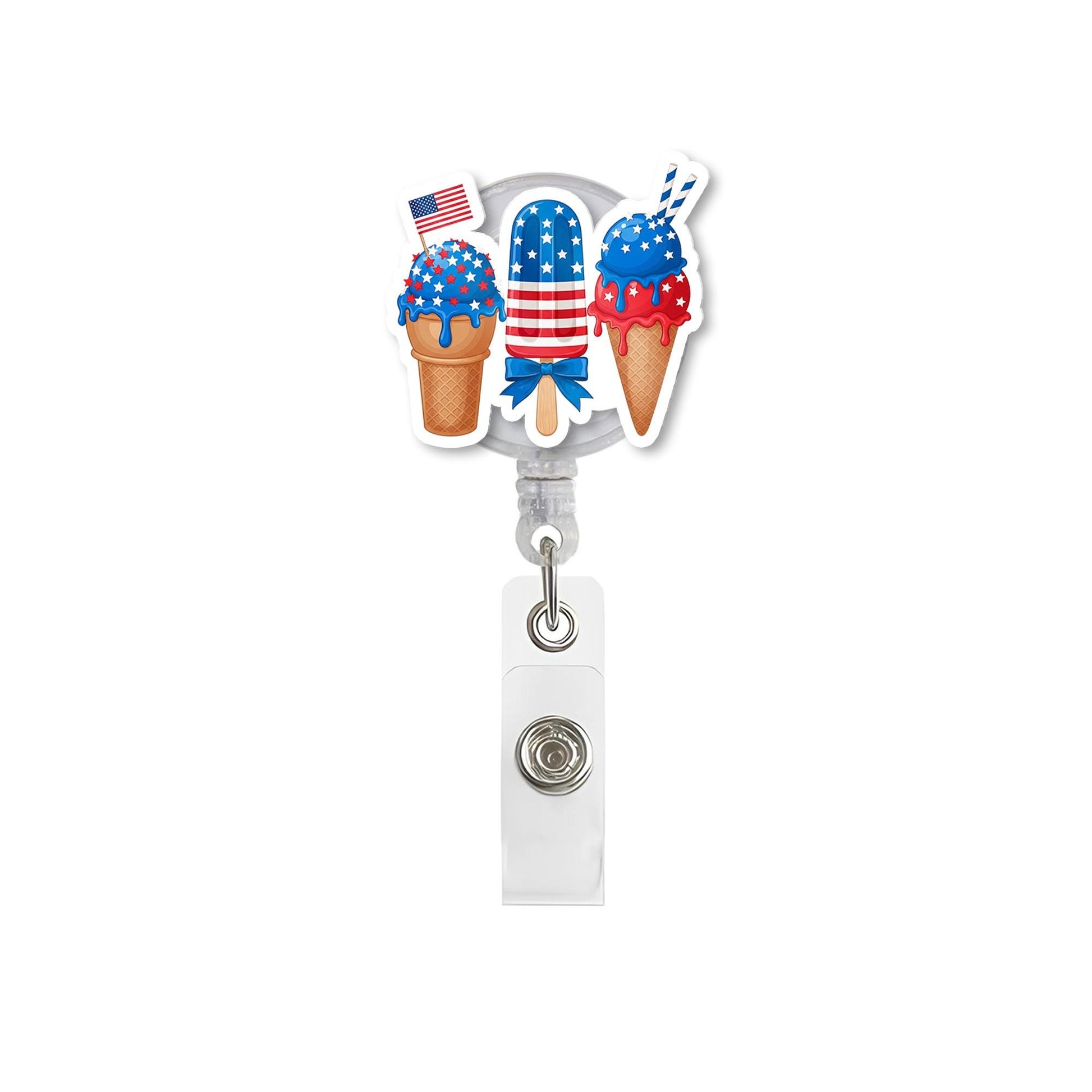 Patriotic Ice Cream Badge Reel – Cute 4th of July Popsicle ID Holder – Red White Blue Summer Treat Clip for Nurses & Teachers