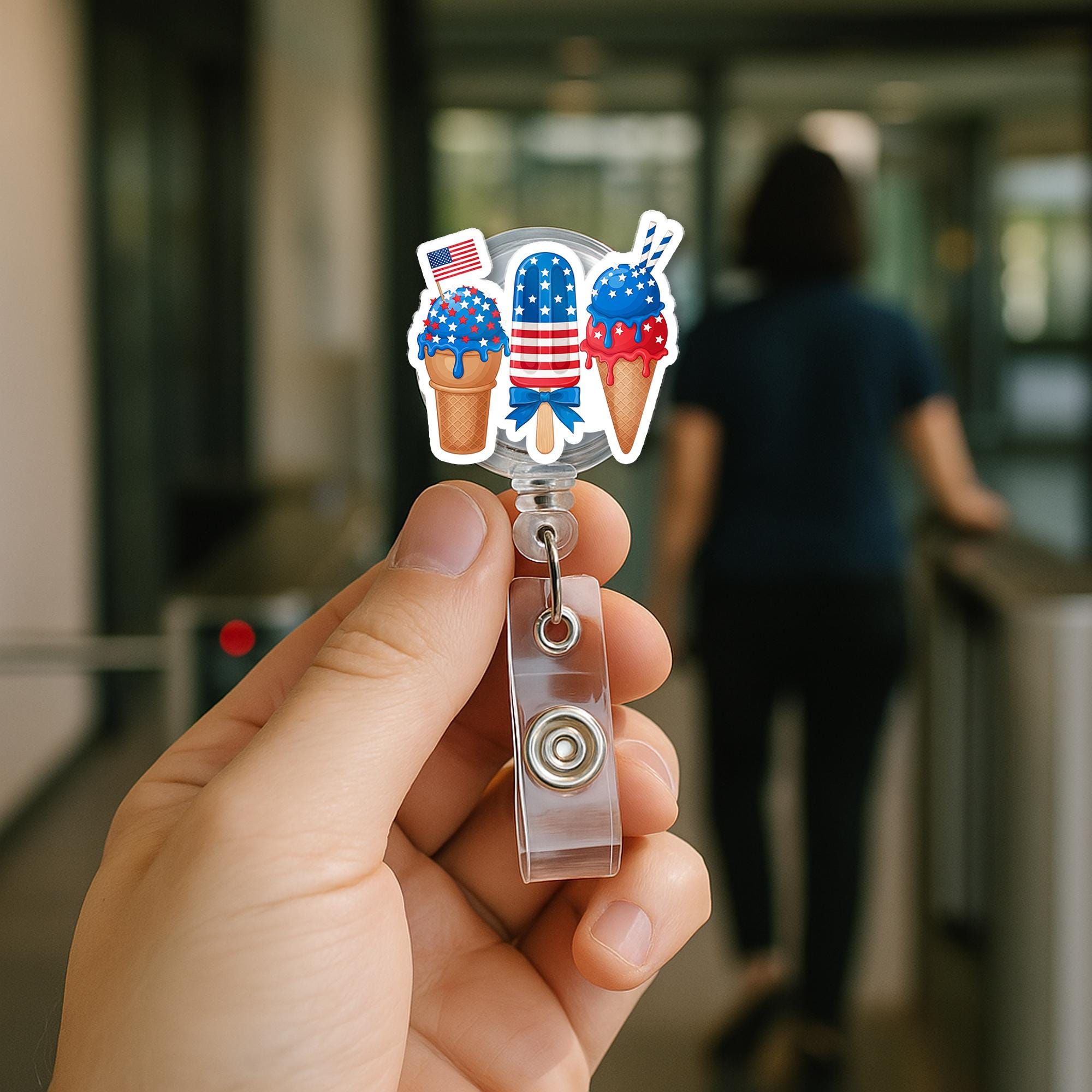 Patriotic Ice Cream Badge Reel – Cute 4th of July Popsicle ID Holder – Red White Blue Summer Treat Clip for Nurses & Teachers