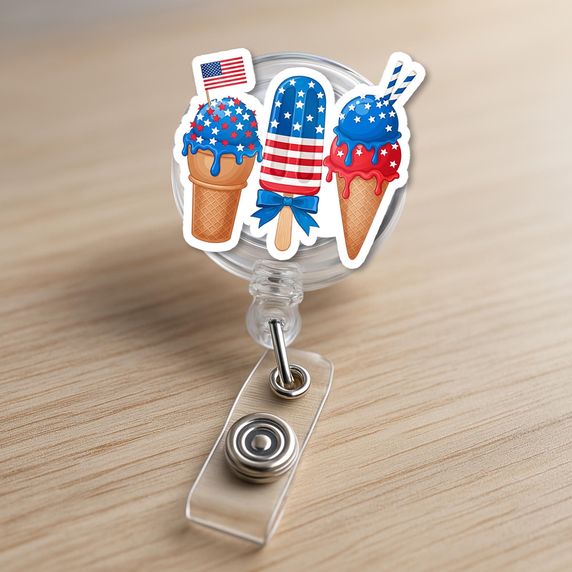 Patriotic Ice Cream Badge Reel – Cute 4th of July Popsicle ID Holder – Red White Blue Summer Treat Clip for Nurses & Teachers