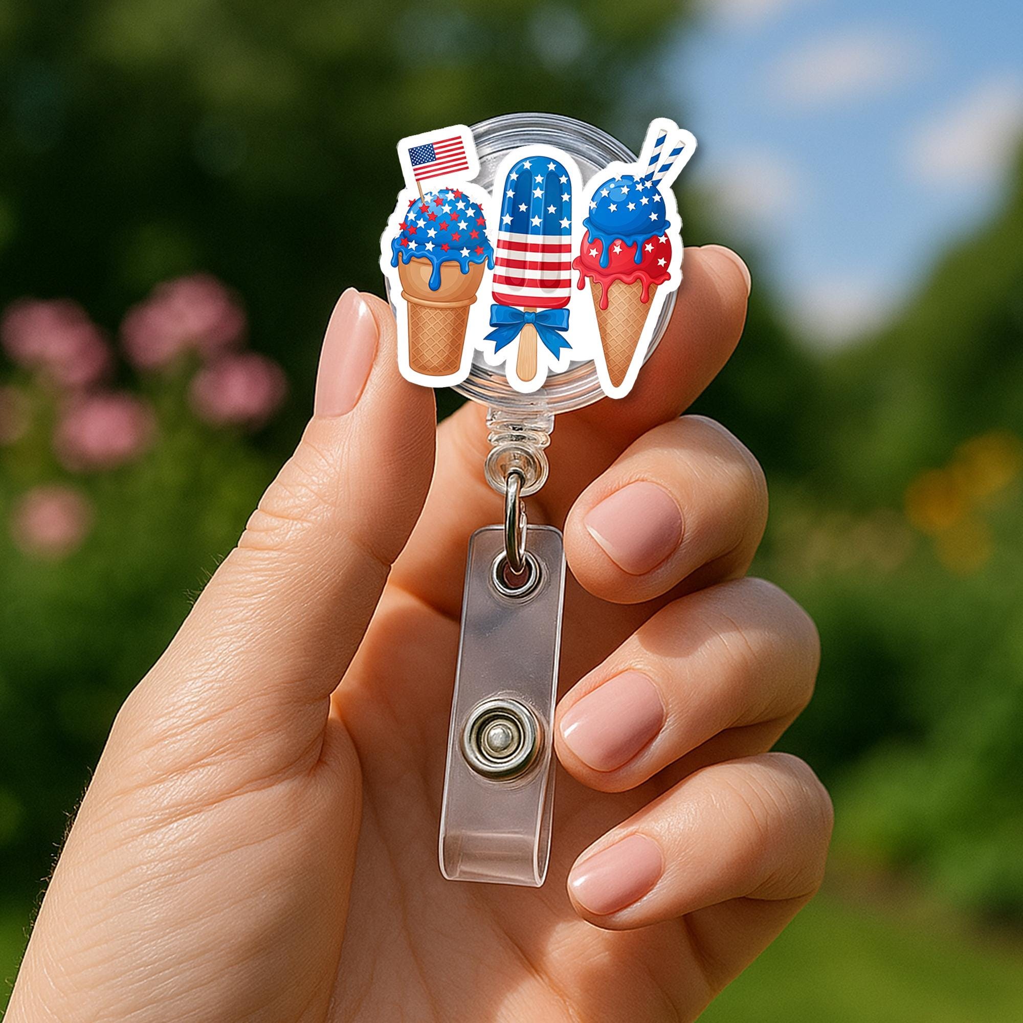 Patriotic Ice Cream Badge Reel – Cute 4th of July Popsicle ID Holder – Red White Blue Summer Treat Clip for Nurses & Teachers