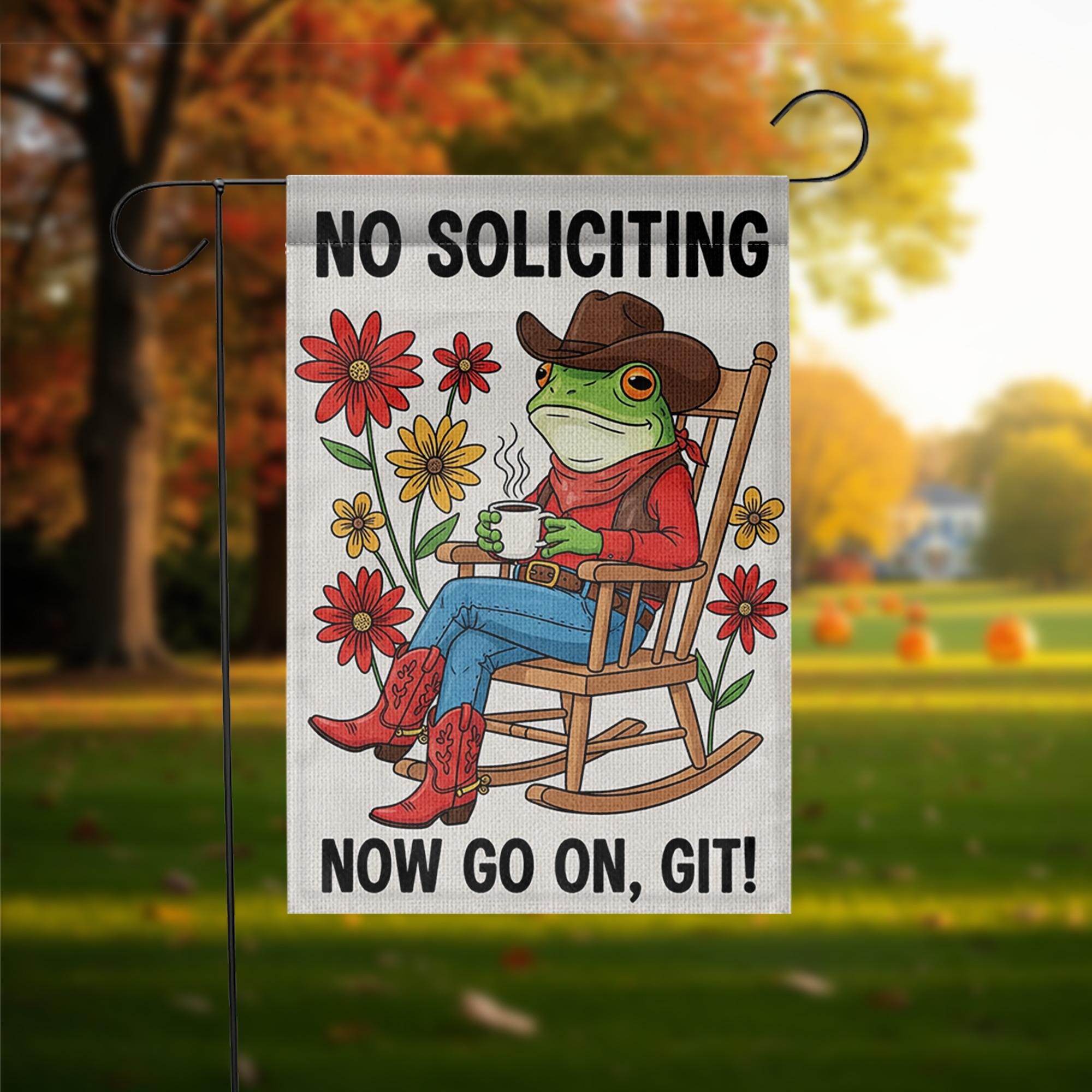 Funny No Soliciting Garden Flag, Cowboy Frog Yard Sign, Rustic Porch Decor, Outdoor Humor Flag, Country Welcome Banner