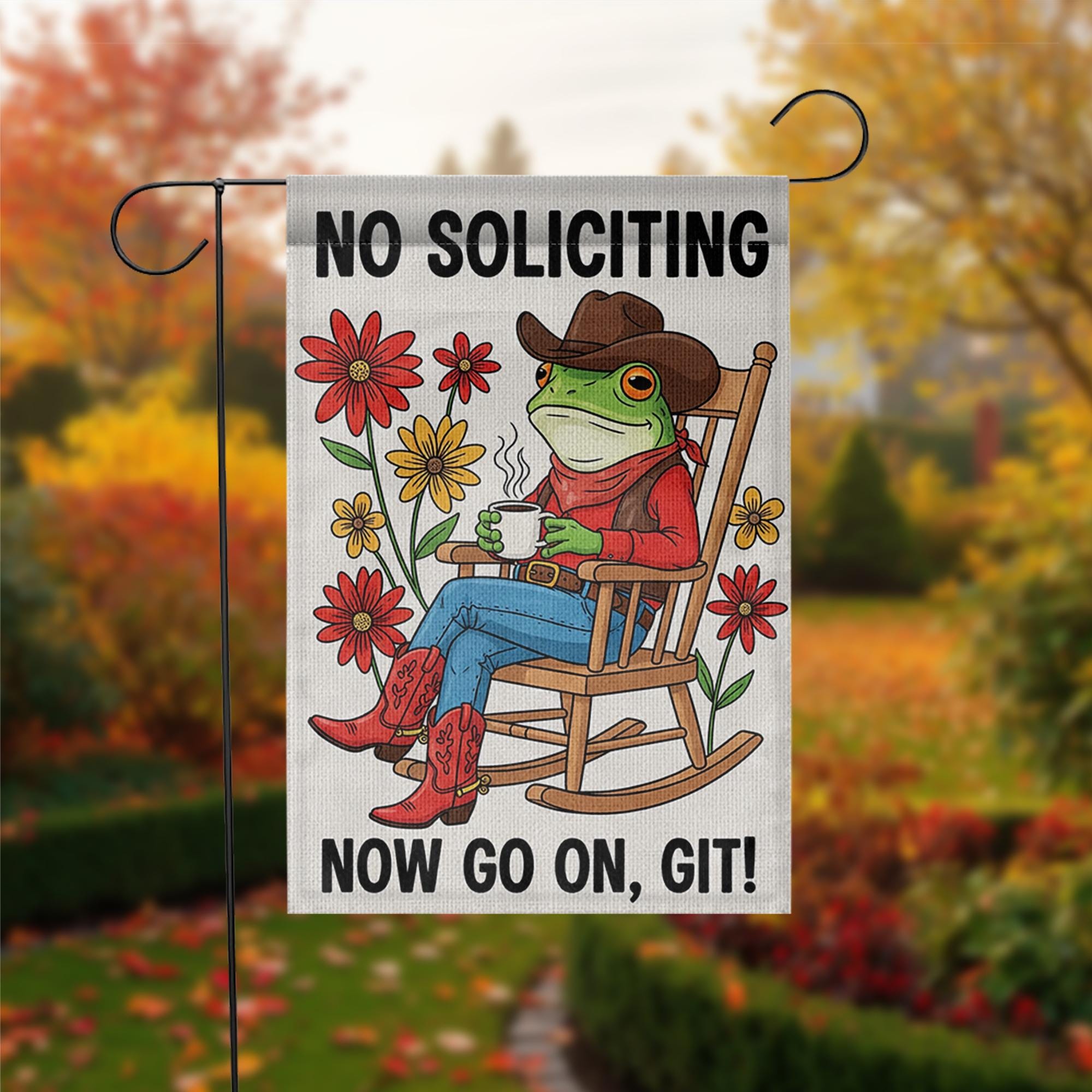 Funny No Soliciting Garden Flag, Cowboy Frog Yard Sign, Rustic Porch Decor, Outdoor Humor Flag, Country Welcome Banner