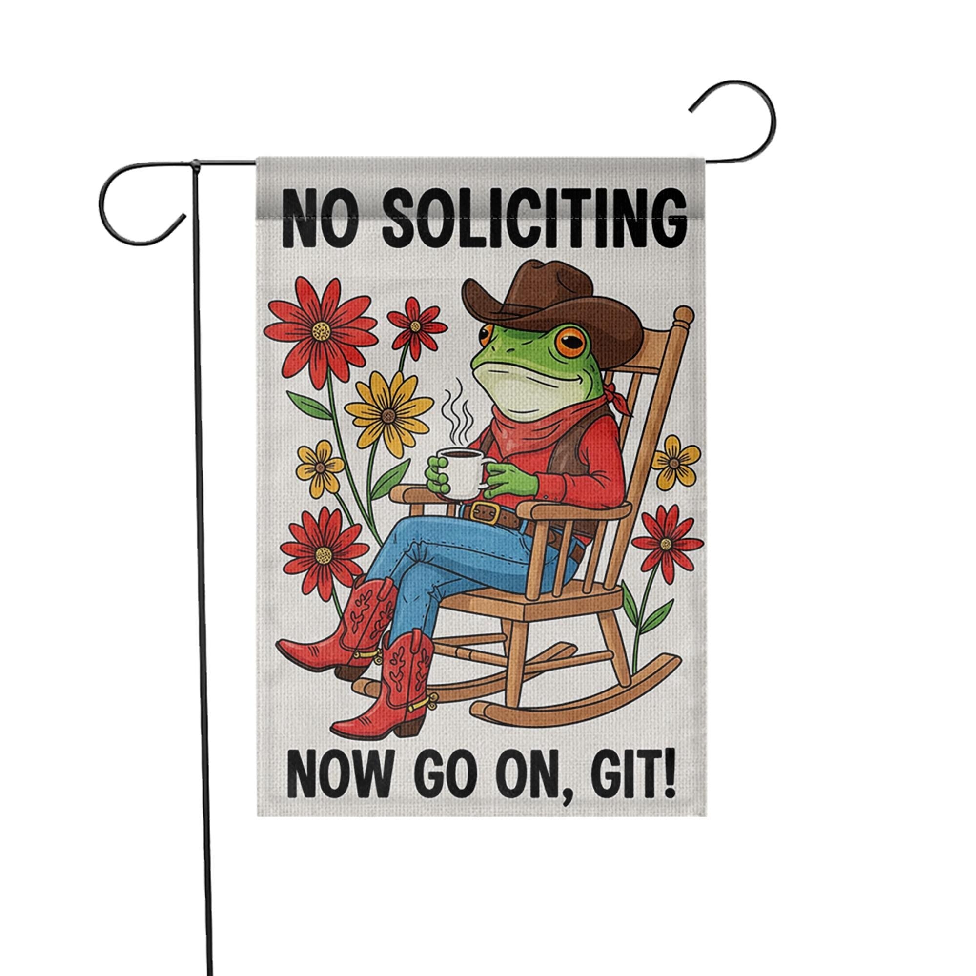 Funny No Soliciting Garden Flag, Cowboy Frog Yard Sign, Rustic Porch Decor, Outdoor Humor Flag, Country Welcome Banner