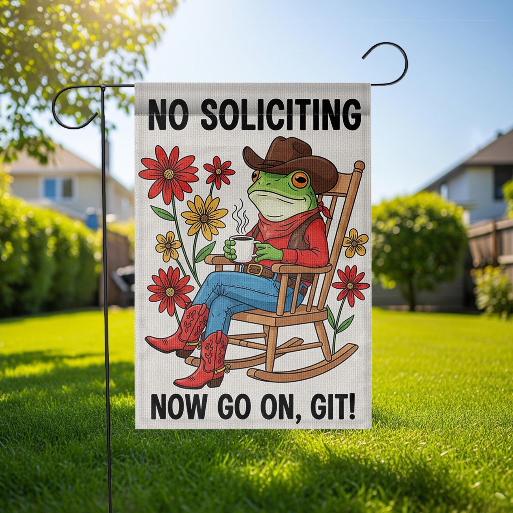 Funny No Soliciting Garden Flag, Cowboy Frog Yard Sign, Rustic Porch Decor, Outdoor Humor Flag, Country Welcome Banner