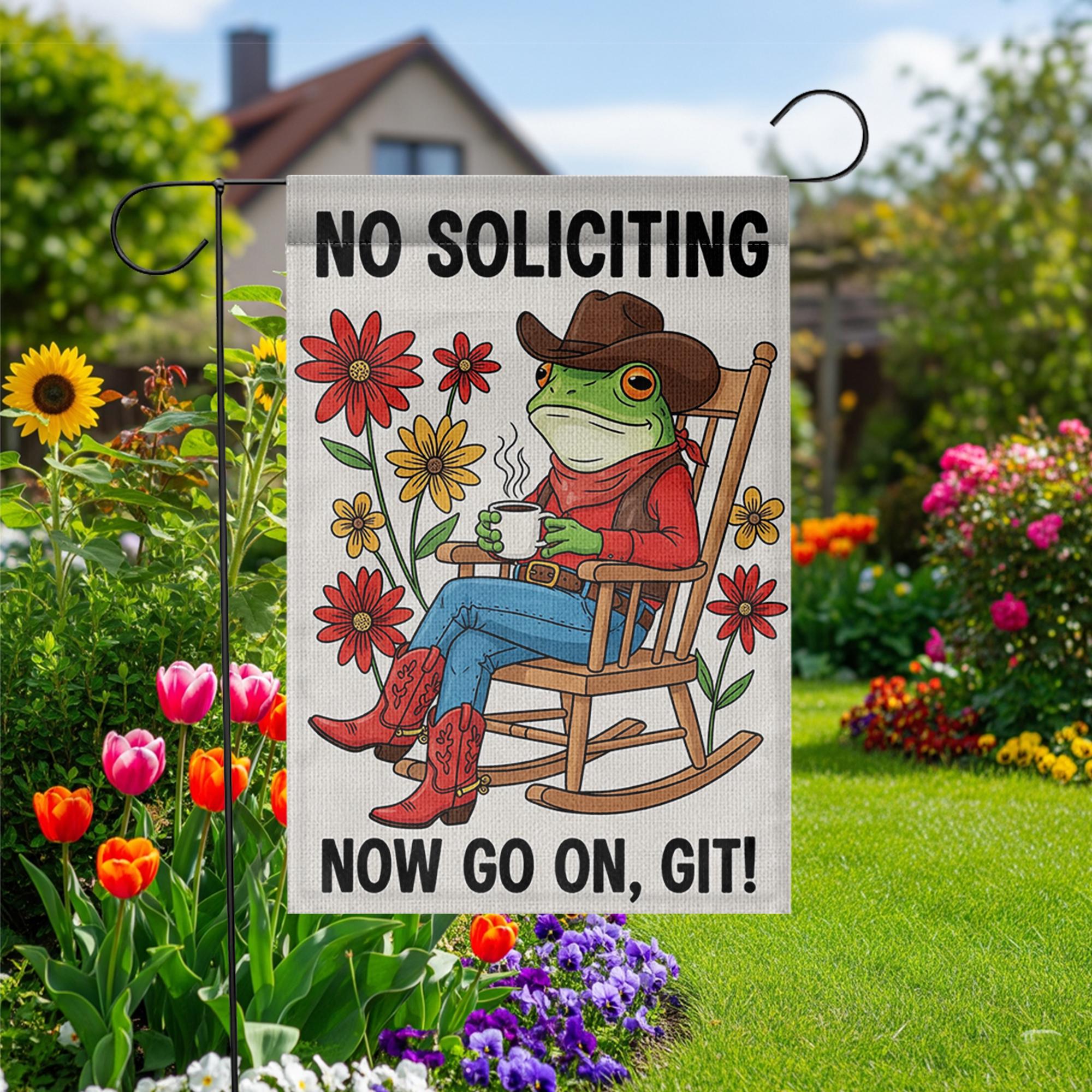 Funny No Soliciting Garden Flag, Cowboy Frog Yard Sign, Rustic Porch Decor, Outdoor Humor Flag, Country Welcome Banner