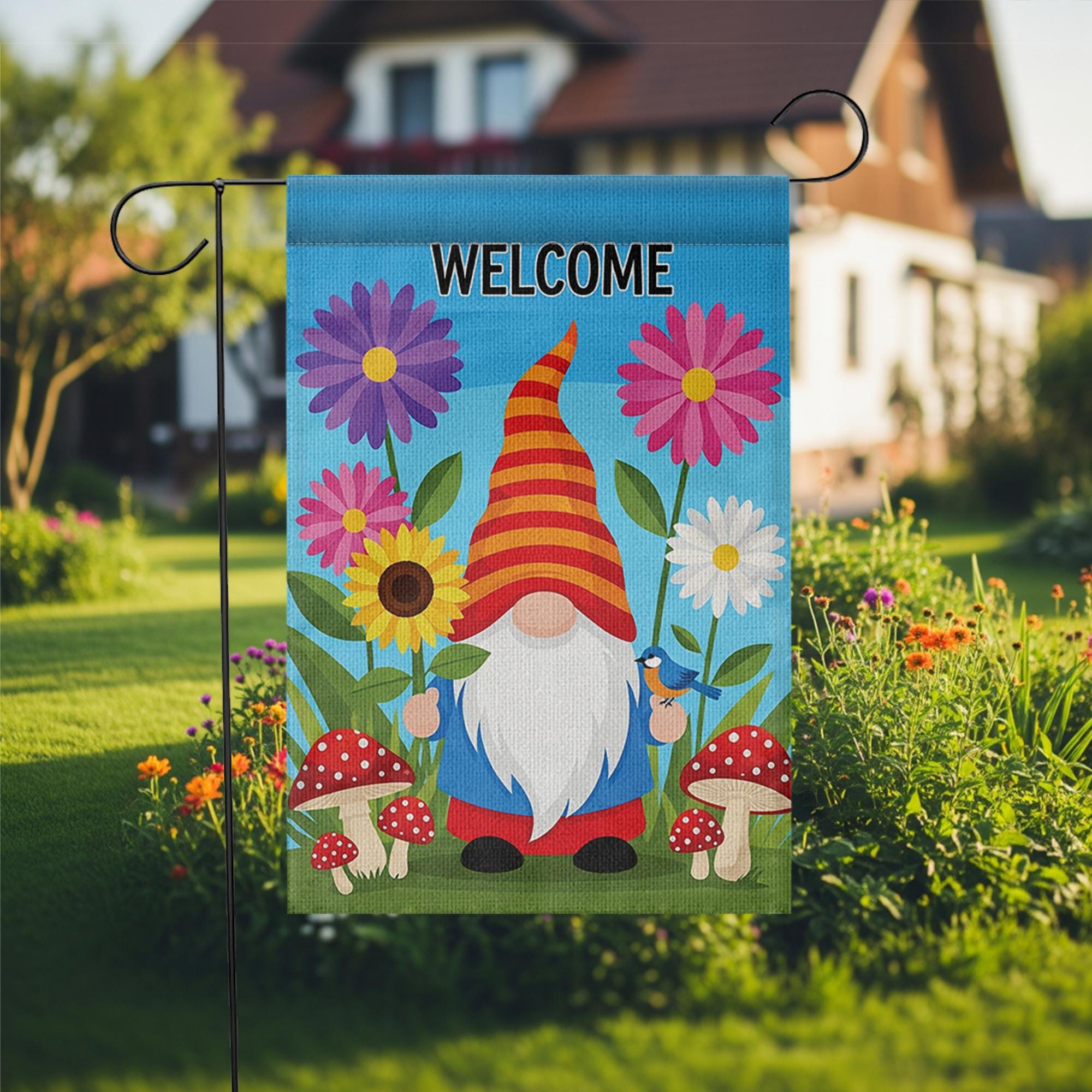 Welcome Gnome Garden Flag, Colorful Yard Decor, Whimsical Gnome Banner, Outdoor Spring Flag, Cute Floral Garden Decoration