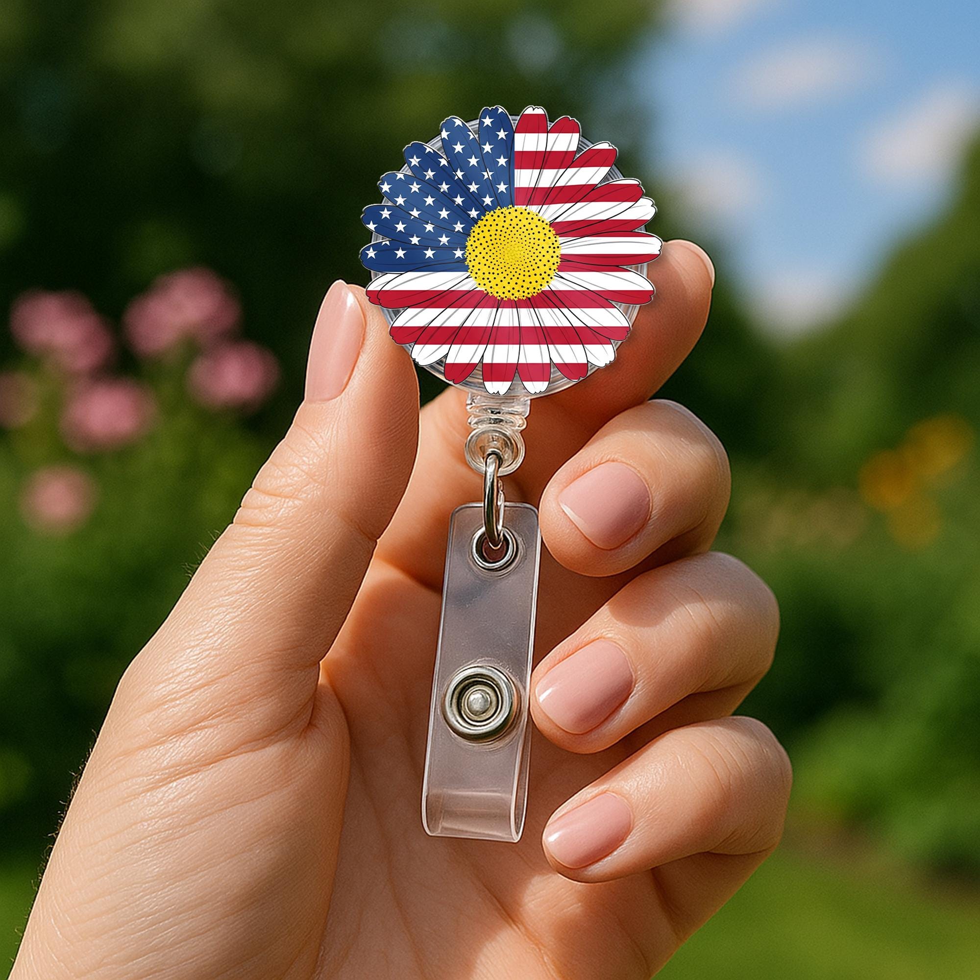 Patriotic Daisy Badge Reel – American Flag Flower ID Holder – 4th of July Clip – Cute Nurse or Teacher Accessory, Flower Badge Reel