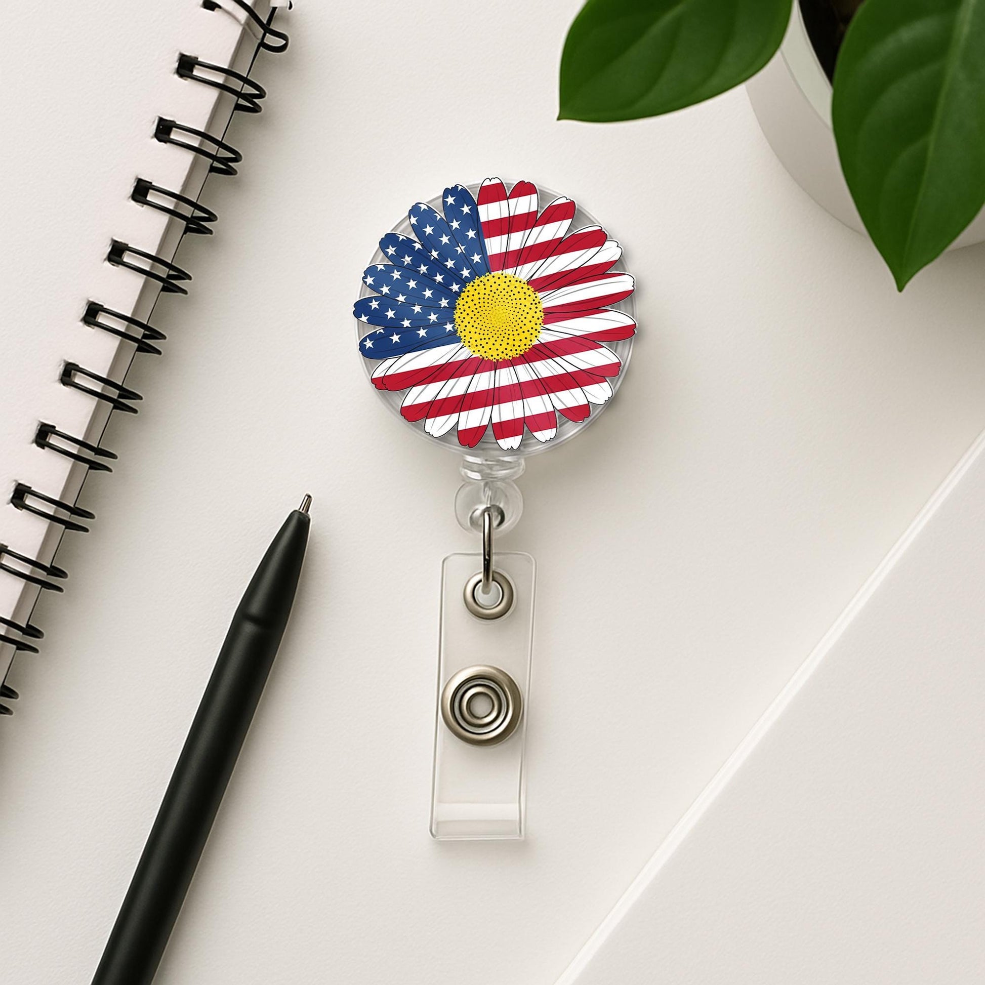 Patriotic Daisy Badge Reel – American Flag Flower ID Holder – 4th of July Clip – Cute Nurse or Teacher Accessory, Flower Badge Reel