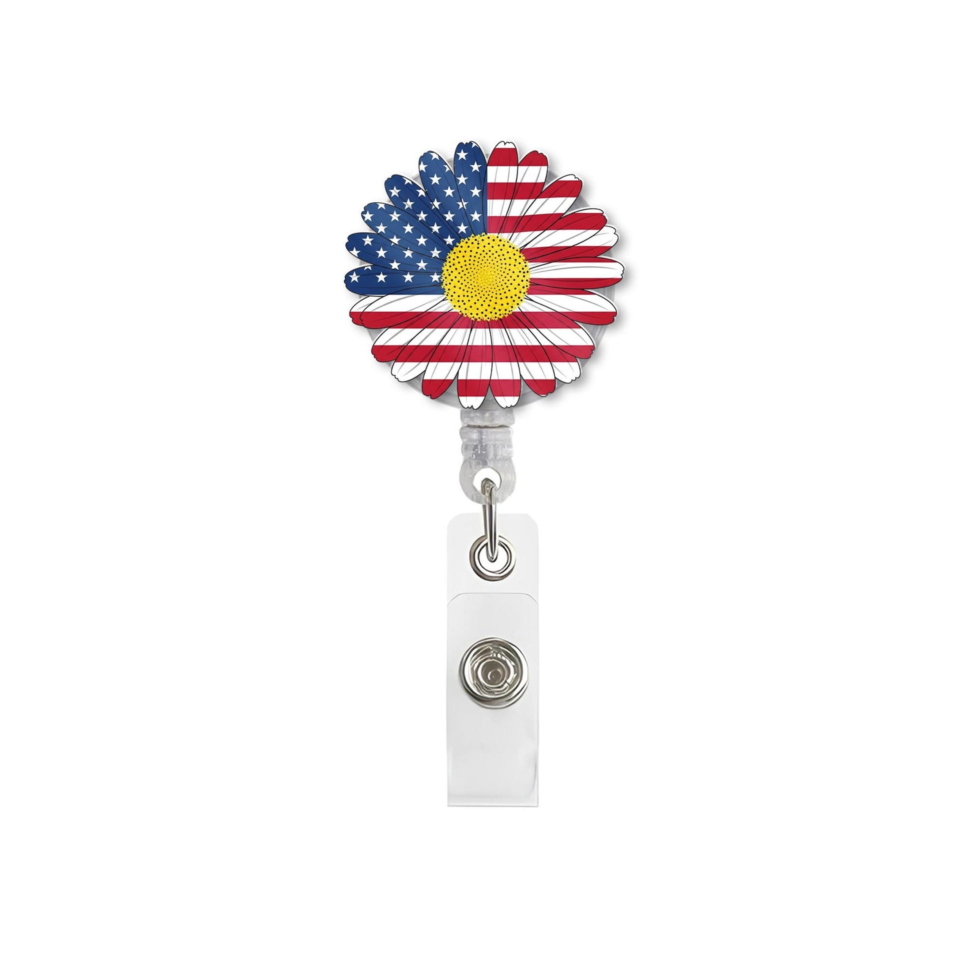 Patriotic Daisy Badge Reel – American Flag Flower ID Holder – 4th of July Clip – Cute Nurse or Teacher Accessory, Flower Badge Reel