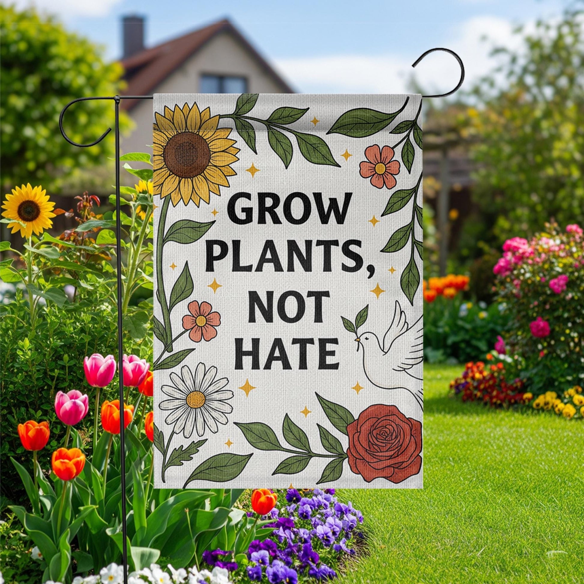 Grow Plants Not Hate Garden Flag, Peaceful Yard Decor, Inspirational Outdoor Sign, Floral Garden Banner, Kindness Flag