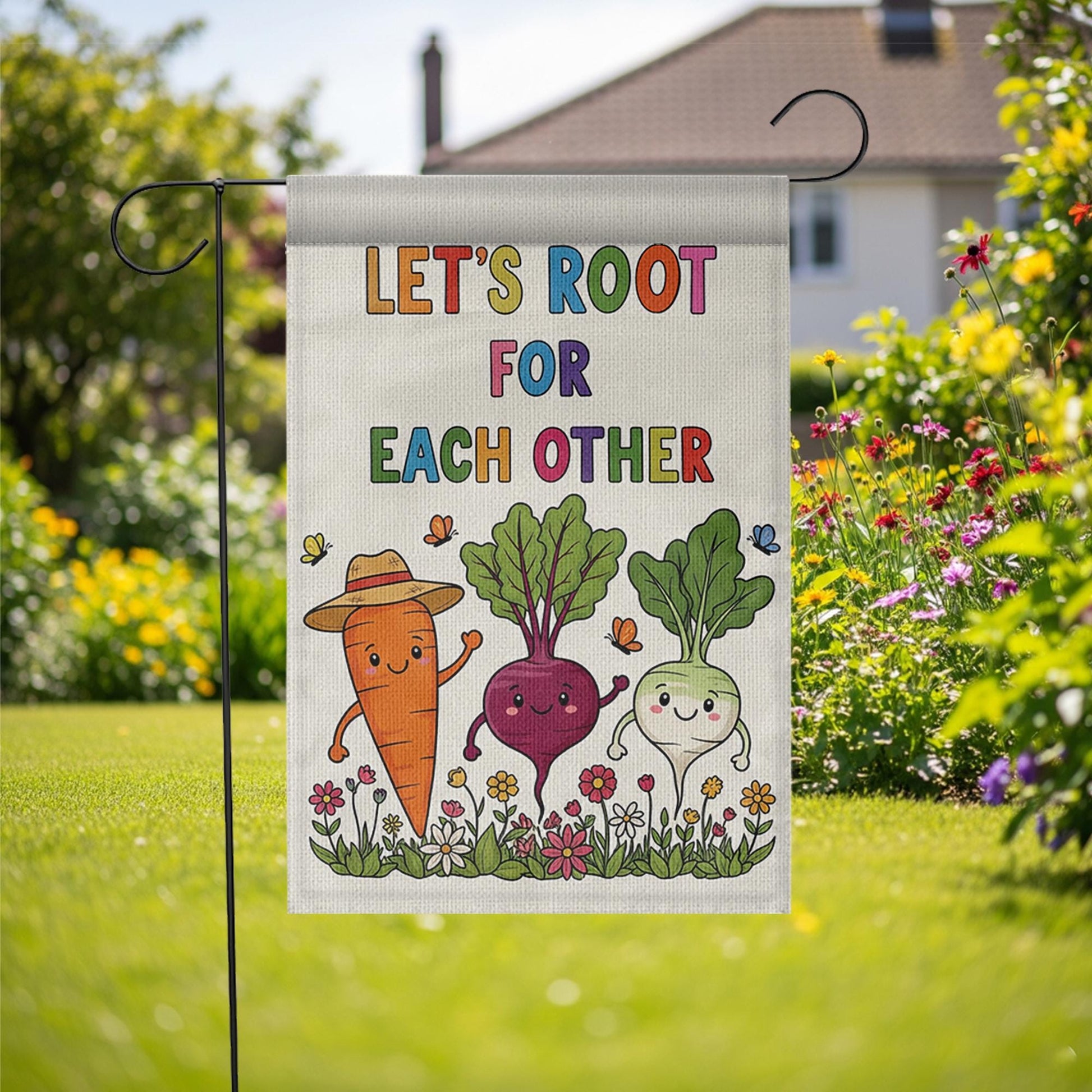 Let's Root for Each Other Garden Flag, Cute Vegetable Yard Sign, Uplifting Outdoor Decor, Funny Garden Banner, Wholesome Flag
