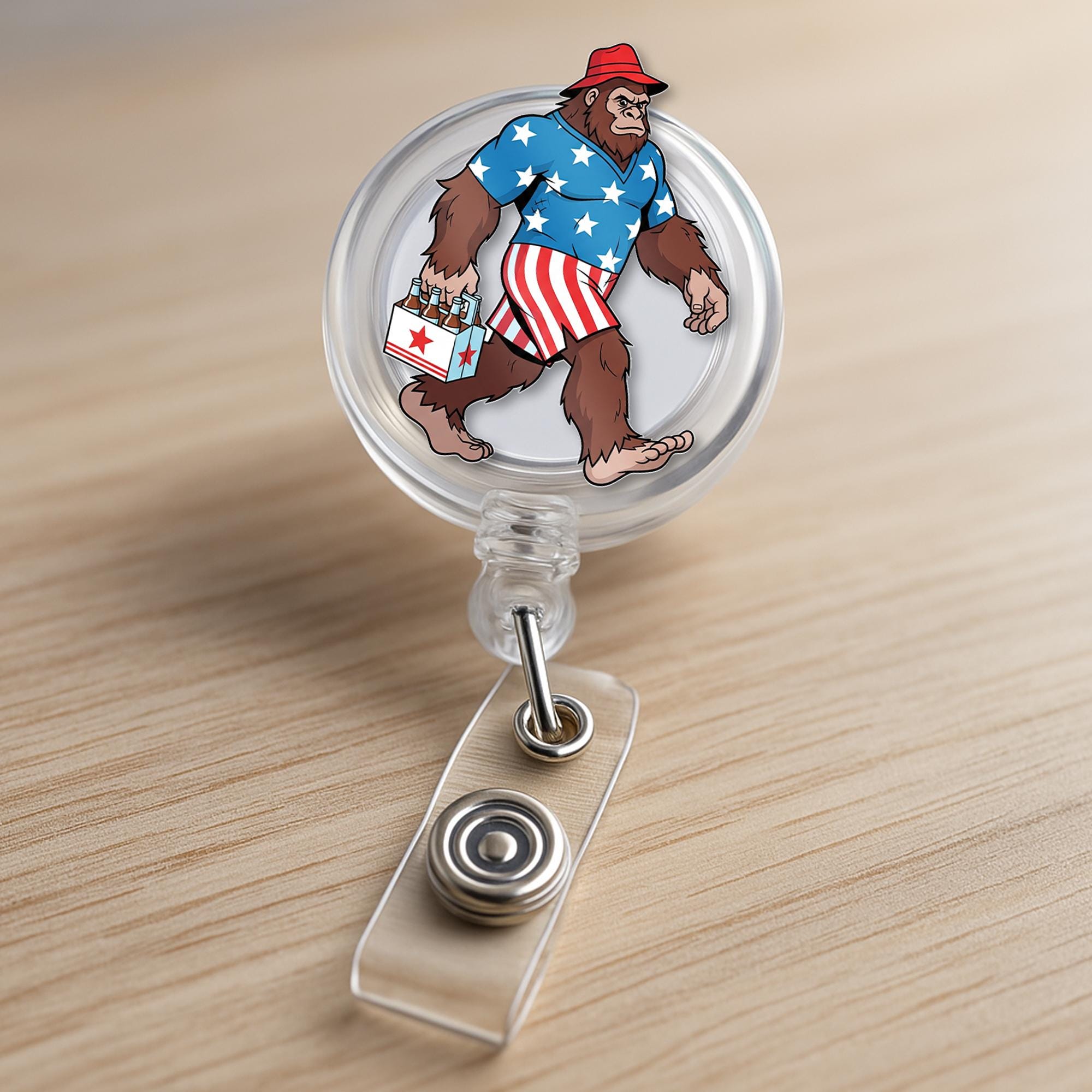 Patriotic Bigfoot Badge Reel – Funny 4th of July Sasquatch ID Holder – USA Summer Outfit Clip – Nurse Teacher Office Accessory