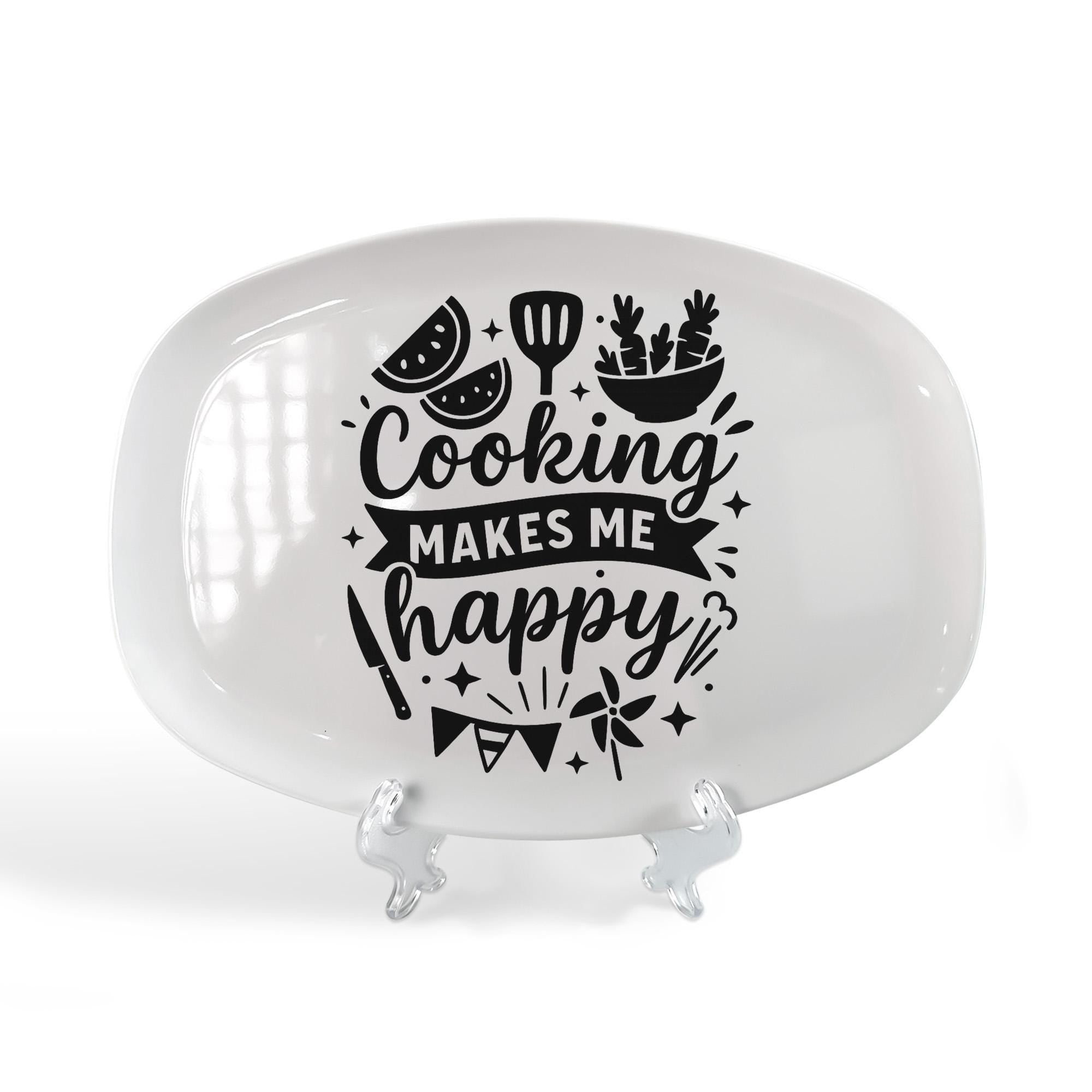 Cooking Makes Me Happy Platter – Funny Kitchen Serveware Tray, Gift for Chefs, Cooks & Food Lovers – Decorative Melamine Plate