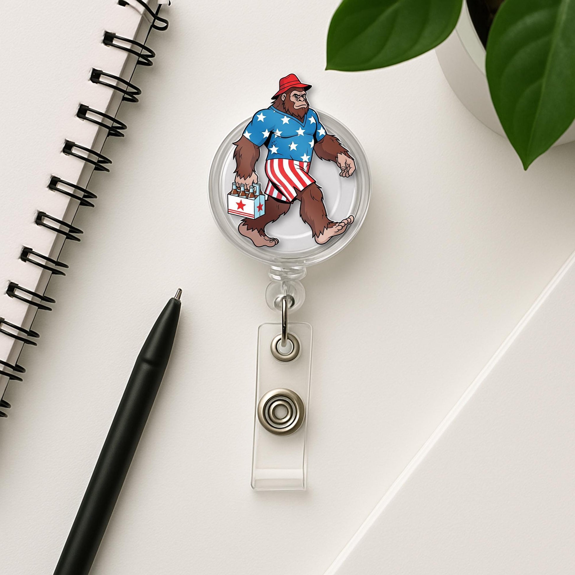 Patriotic Bigfoot Badge Reel – Funny 4th of July Sasquatch ID Holder – USA Summer Outfit Clip – Nurse Teacher Office Accessory