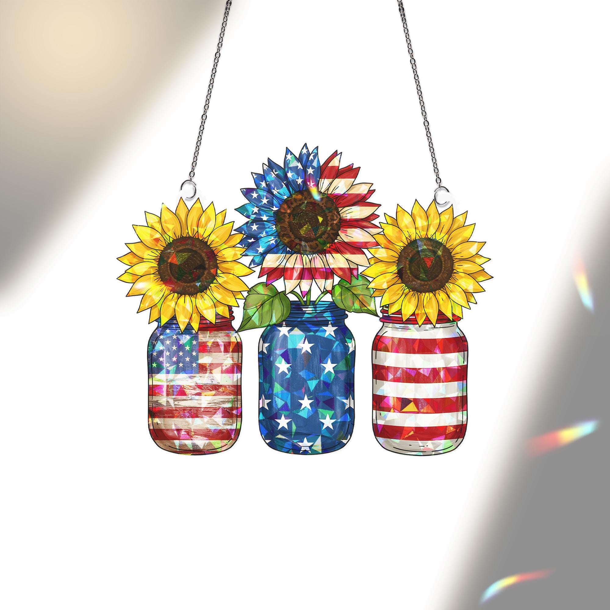 Patriotic Sunflower Mason Jar Acrylic Window Hanging, American Flag Decor, 4th of July, Memorial Day Gift, USA Pride Ornament