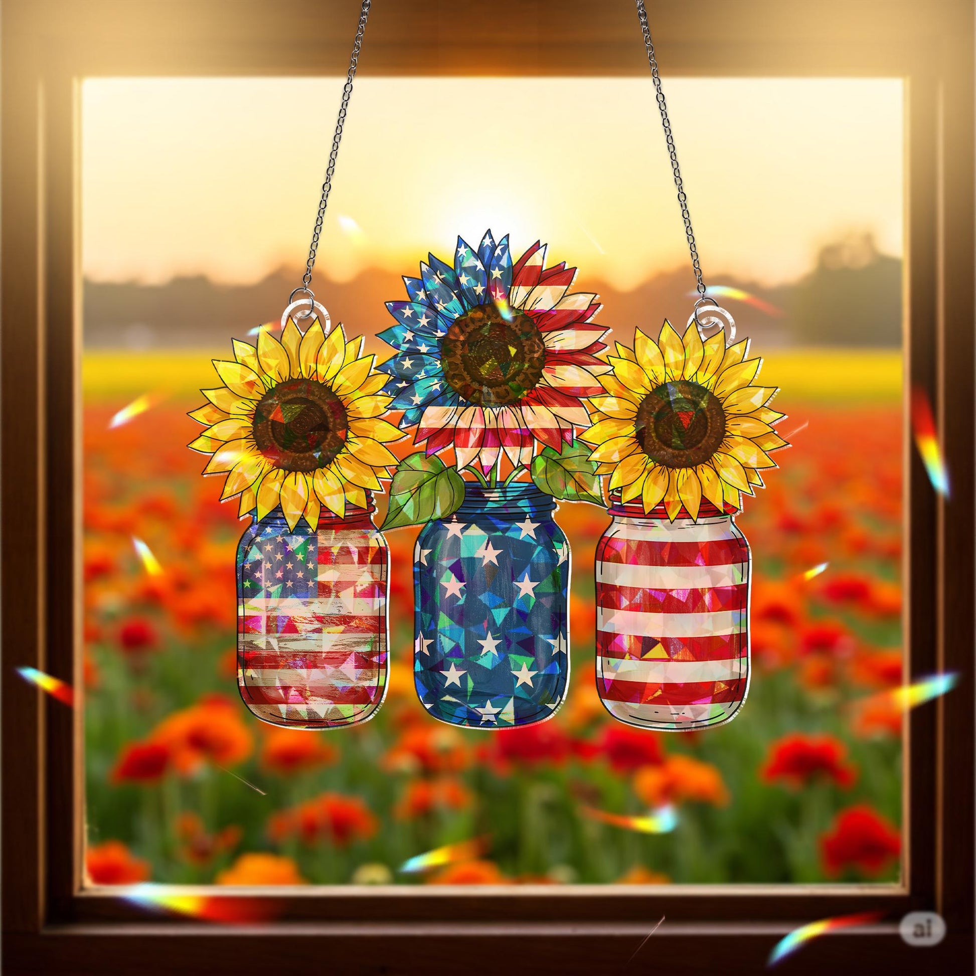 Patriotic Sunflower Mason Jar Acrylic Window Hanging, American Flag Decor, 4th of July, Memorial Day Gift, USA Pride Ornament