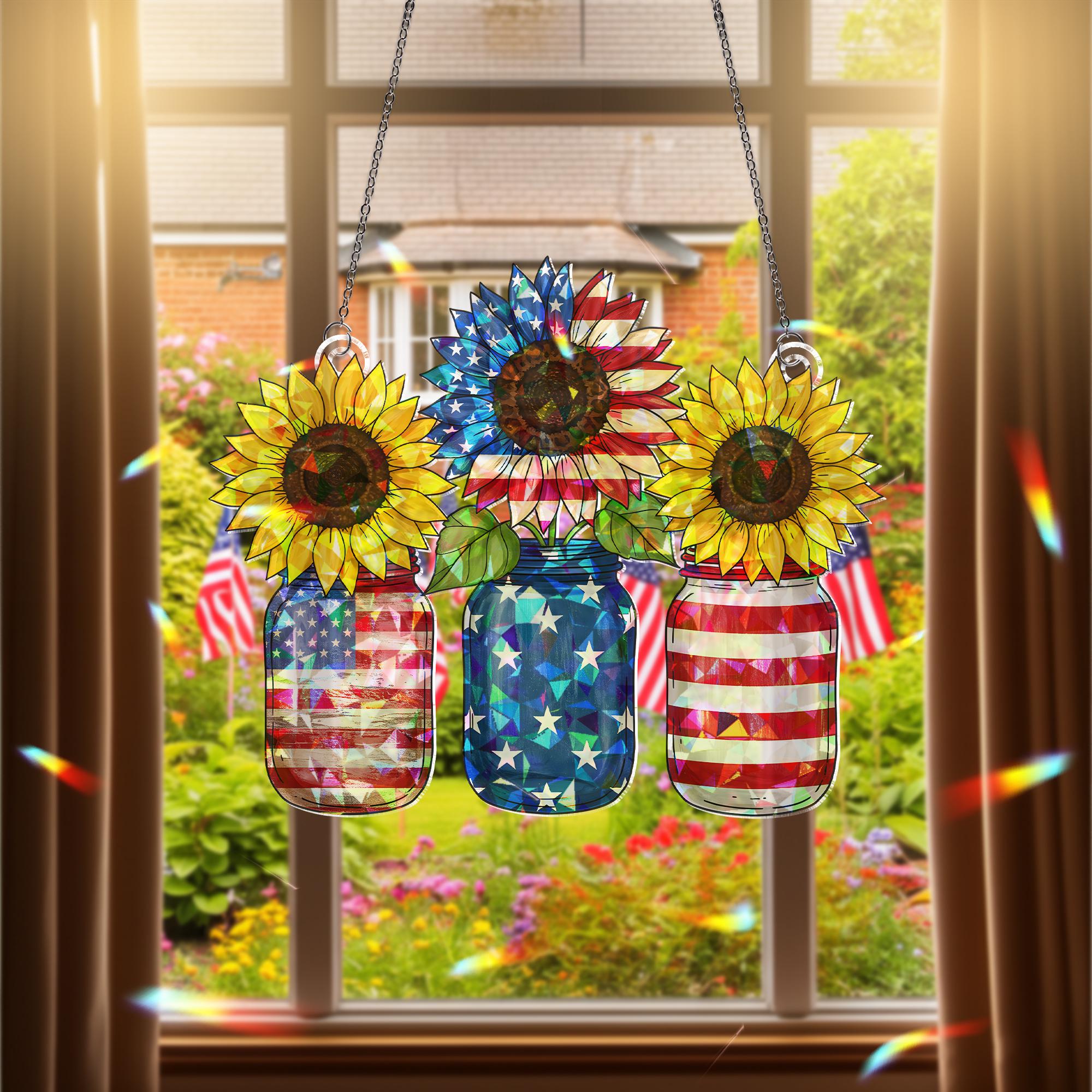 Patriotic Sunflower Mason Jar Acrylic Window Hanging, American Flag Decor, 4th of July, Memorial Day Gift, USA Pride Ornament