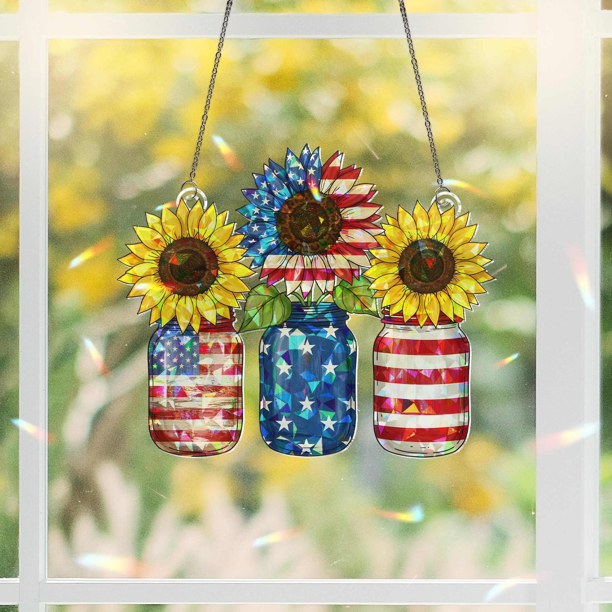 Patriotic Sunflower Mason Jar Acrylic Window Hanging, American Flag Decor, 4th of July, Memorial Day Gift, USA Pride Ornament