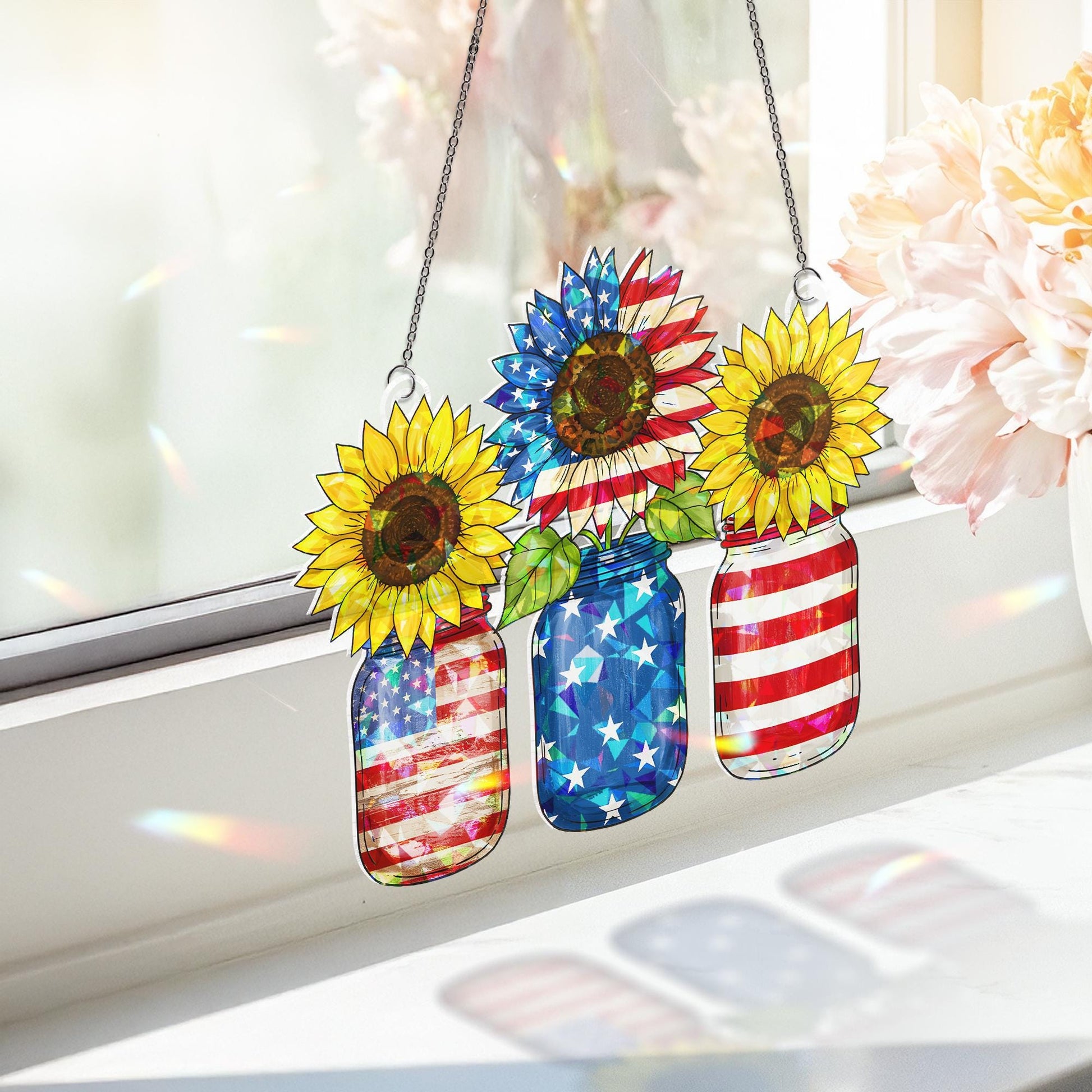 Patriotic Sunflower Mason Jar Acrylic Window Hanging, American Flag Decor, 4th of July, Memorial Day Gift, USA Pride Ornament