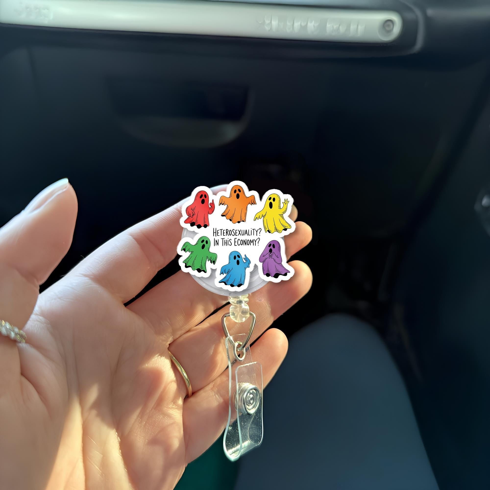 Funny LGBTQ Ghost Badge Reel - Heterosexuality in This Economy - Pride ID Clip - Queer Nurse Gift - Rainbow Badge Holder