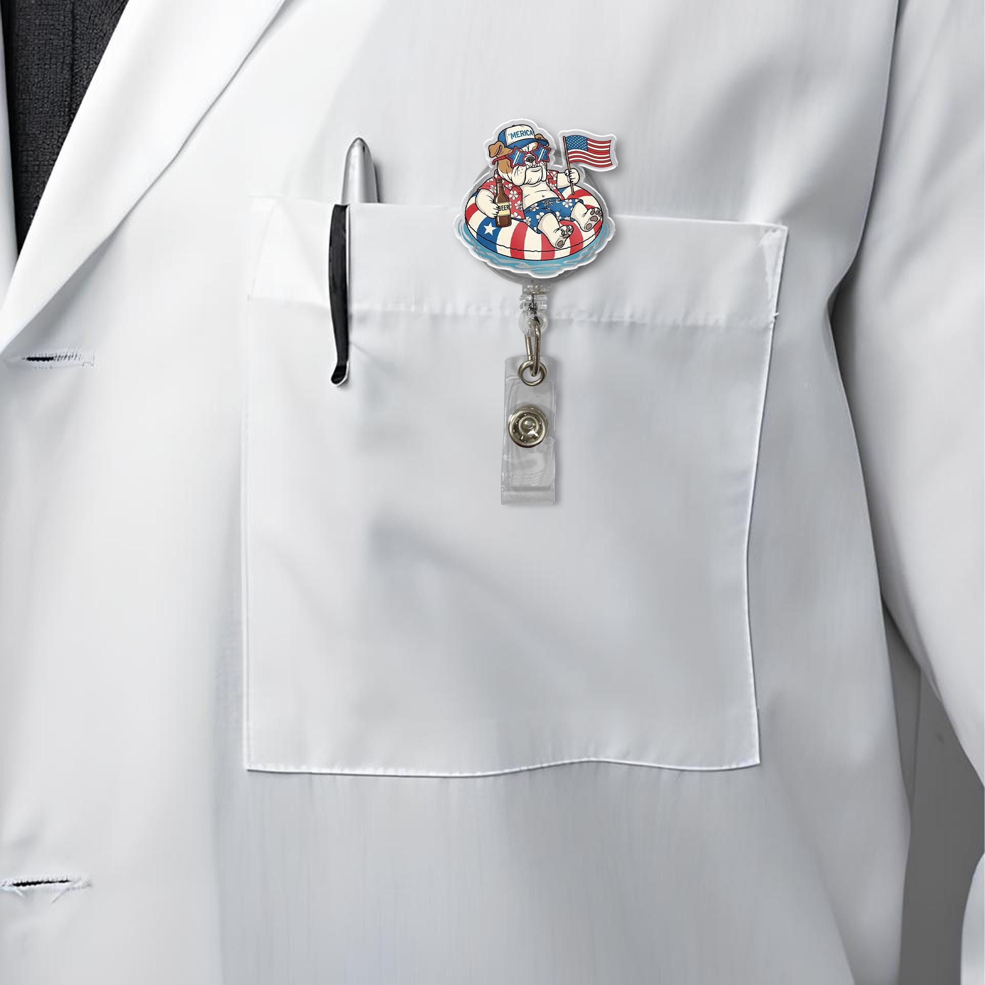 Funny Patriotic Bulldog Badge Reel – 4th of July Dog in Pool Float ID Holder – ‘Merica Summer Clip for Nurse, Vet, or Teacher