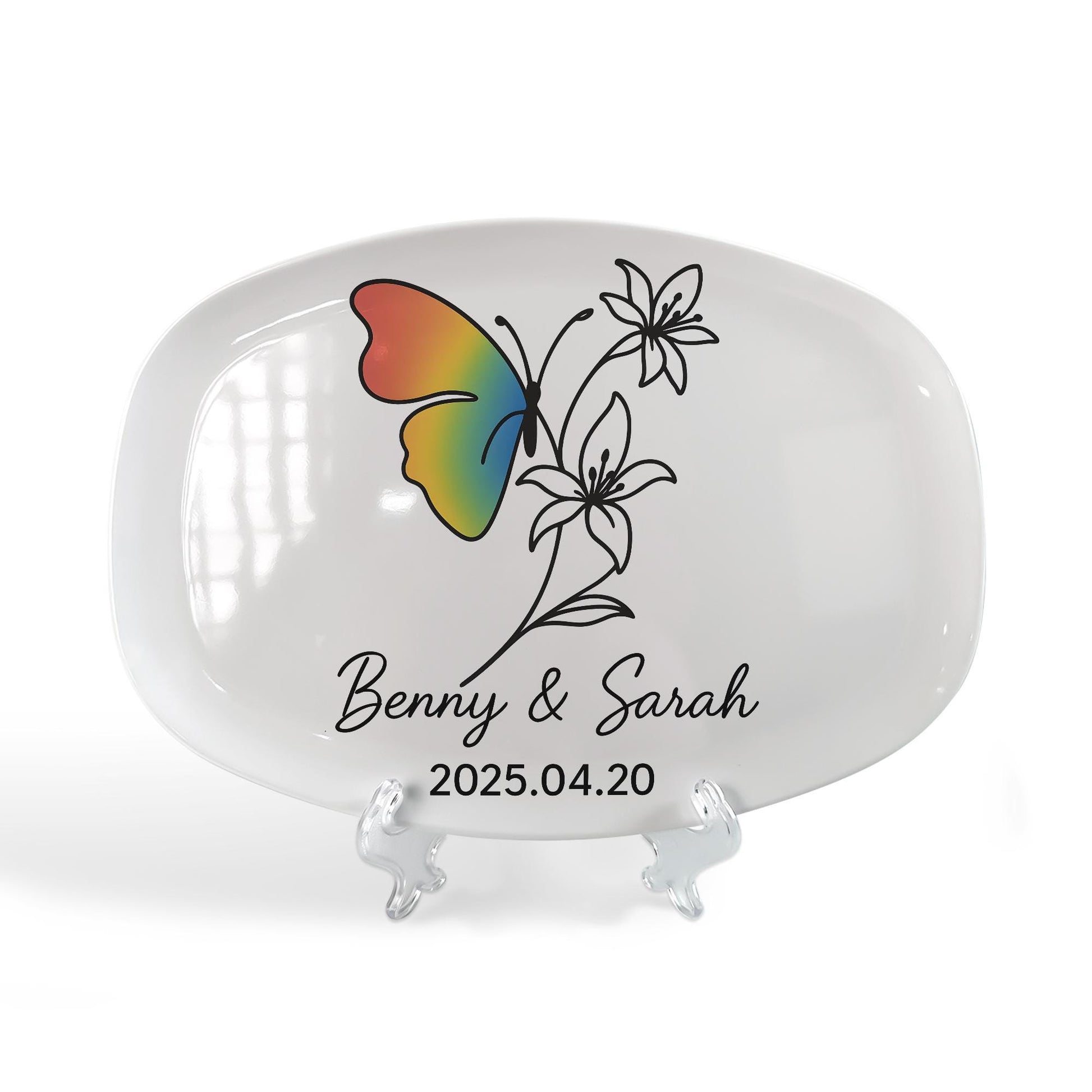 Personalized Butterfly Flower Platter – Custom LGBT Rainbow Pride Tray – Colorful Nature-Inspired Gift for Weddings, Home Decor